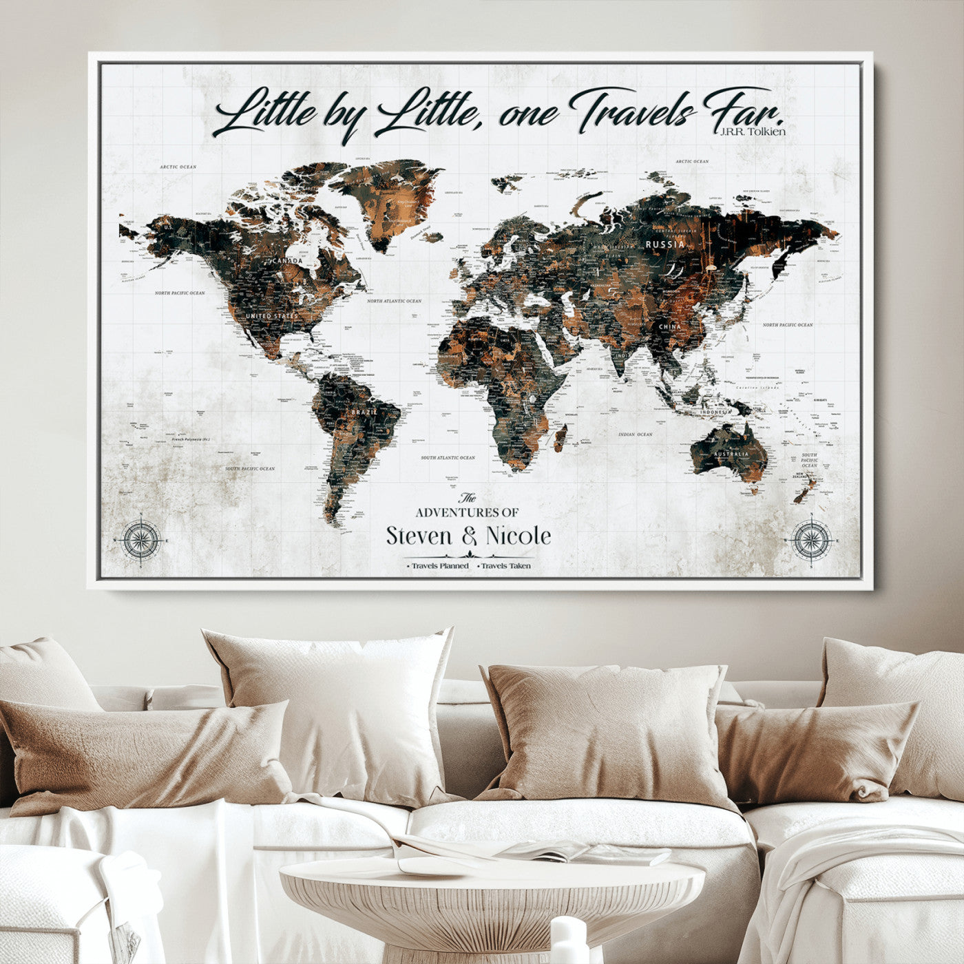 89231588-MGV-CV-36X24-Custom Push Pin World Map Wall Canvas Print – Personalized Travel Tracker with Pins – Framed Large Multi-Size Canvas for Home Office Decor