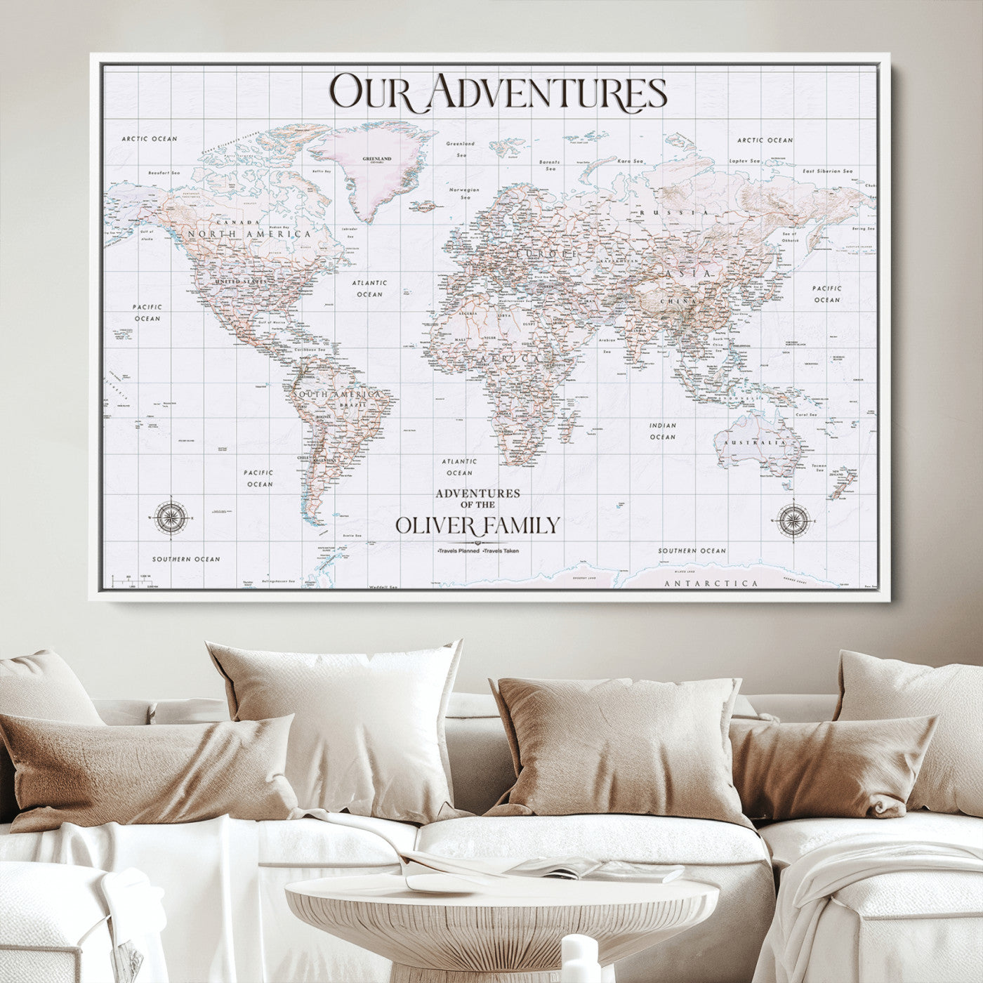40041157-MGV-CV-36X24-Custom Push Pin World Map Wall Canvas Print – Personalized Travel Tracker with Pins – Framed Large Multi-Size Canvas for Home Office Decor