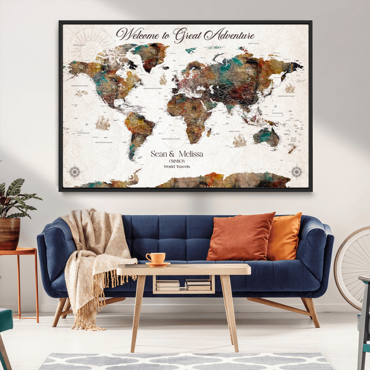 92462592-MGV-CV-36X24-Customize Push Pin World Map Wall Canvas Print – Personalizable Travel World Map with Pins – Framed Personalized Map Print for Couple Gift - H31