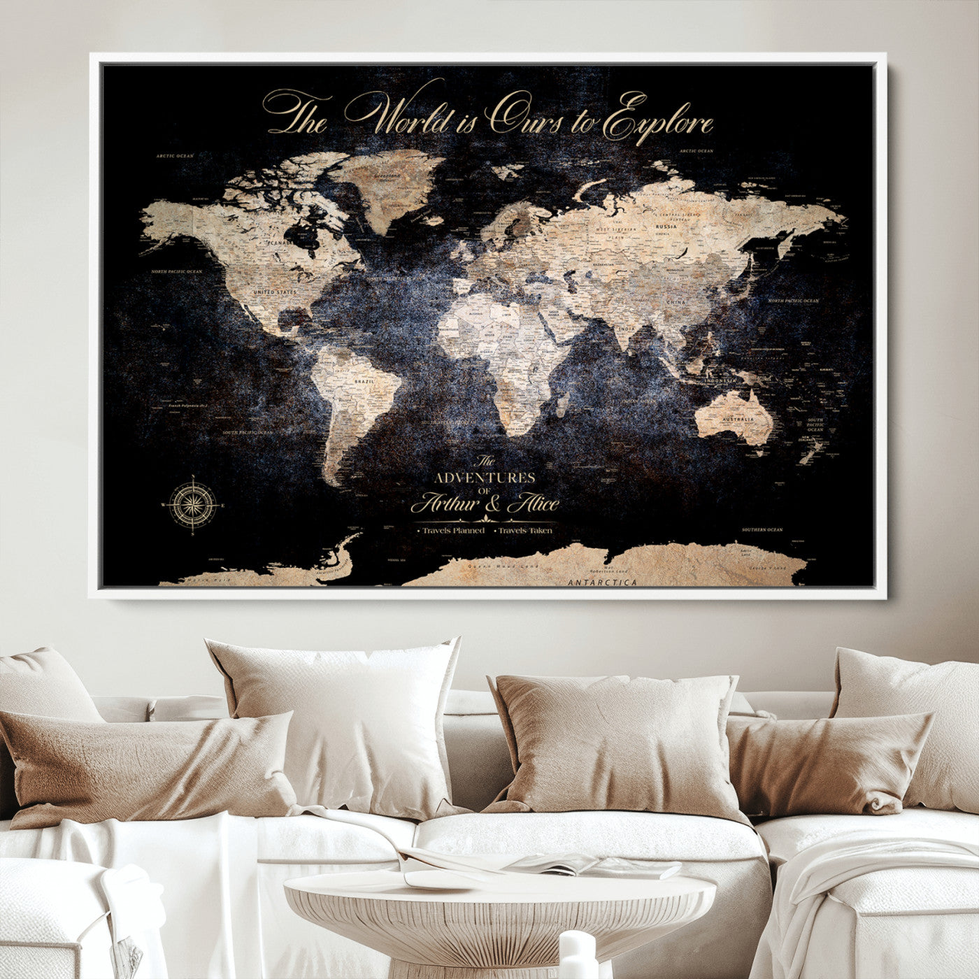 21010471-MGV-CV-36X24-Customize Push Pin World Map Wall Canvas Print, Personalized Travel Tracker with Pins, Framed Large Canvas for Home Office Decor - H37