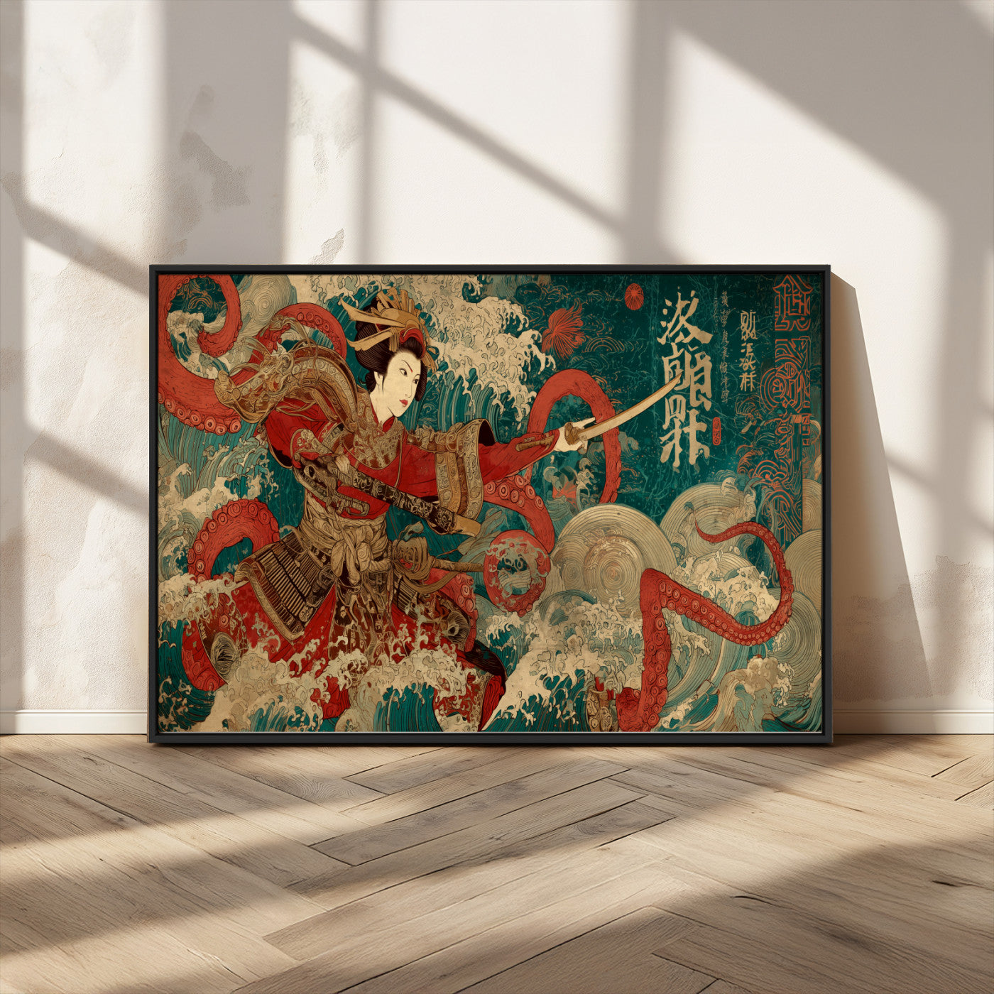 MGV-FC-36X24 - Tsukioka Yoshitoshi Samurai Wall Art Print, Japanese Katana Warrior Canvas Wall Art, Octopus Sea Monster Canvas Print,