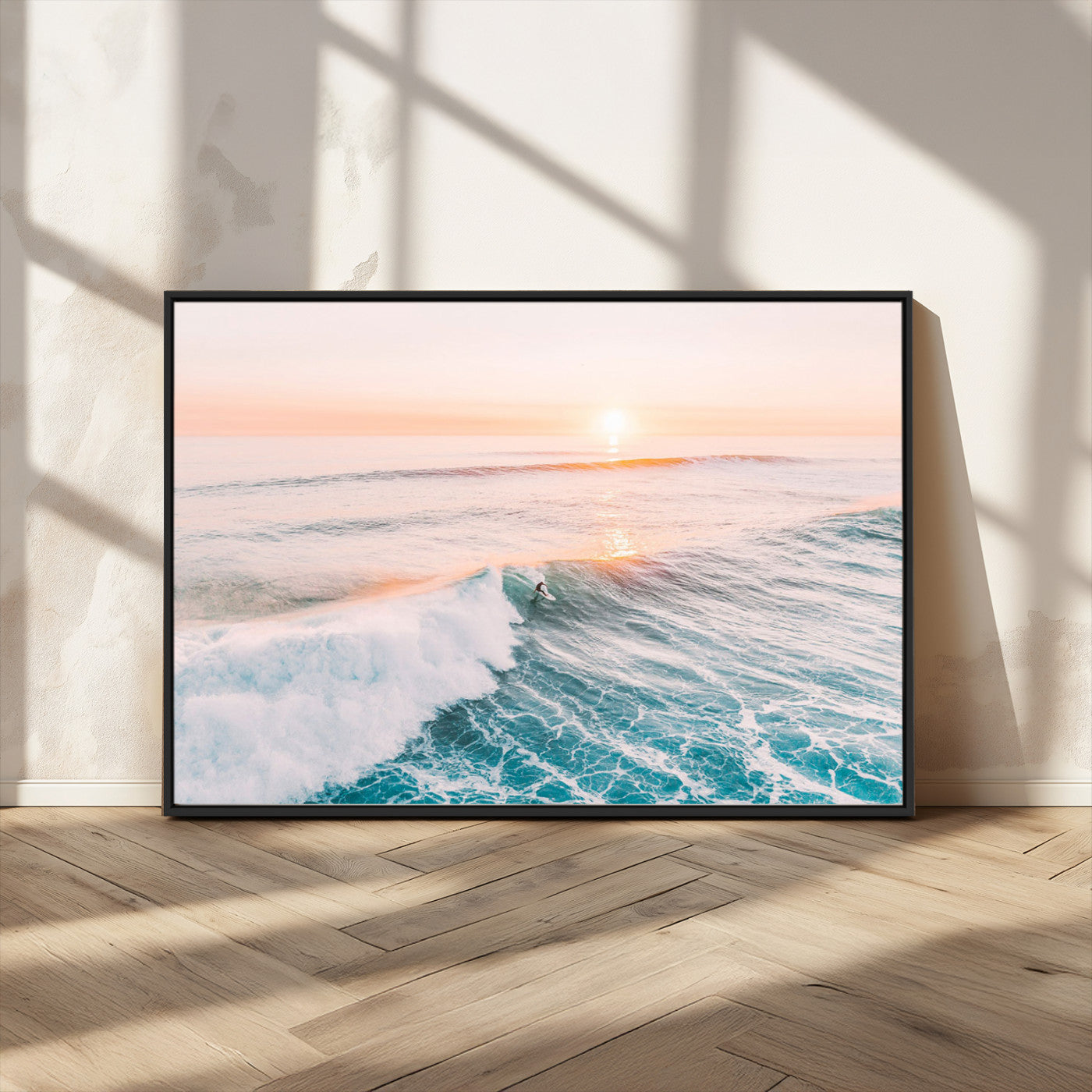 34064591-MGV-FC-36X24_Black-Sunset Surfing Canvas Wall Art Print, Ocean Wave Surfer Decor, Large Coastal Surf Canvas for Beach House or Living Room 1 Panel Wrapped Canvas