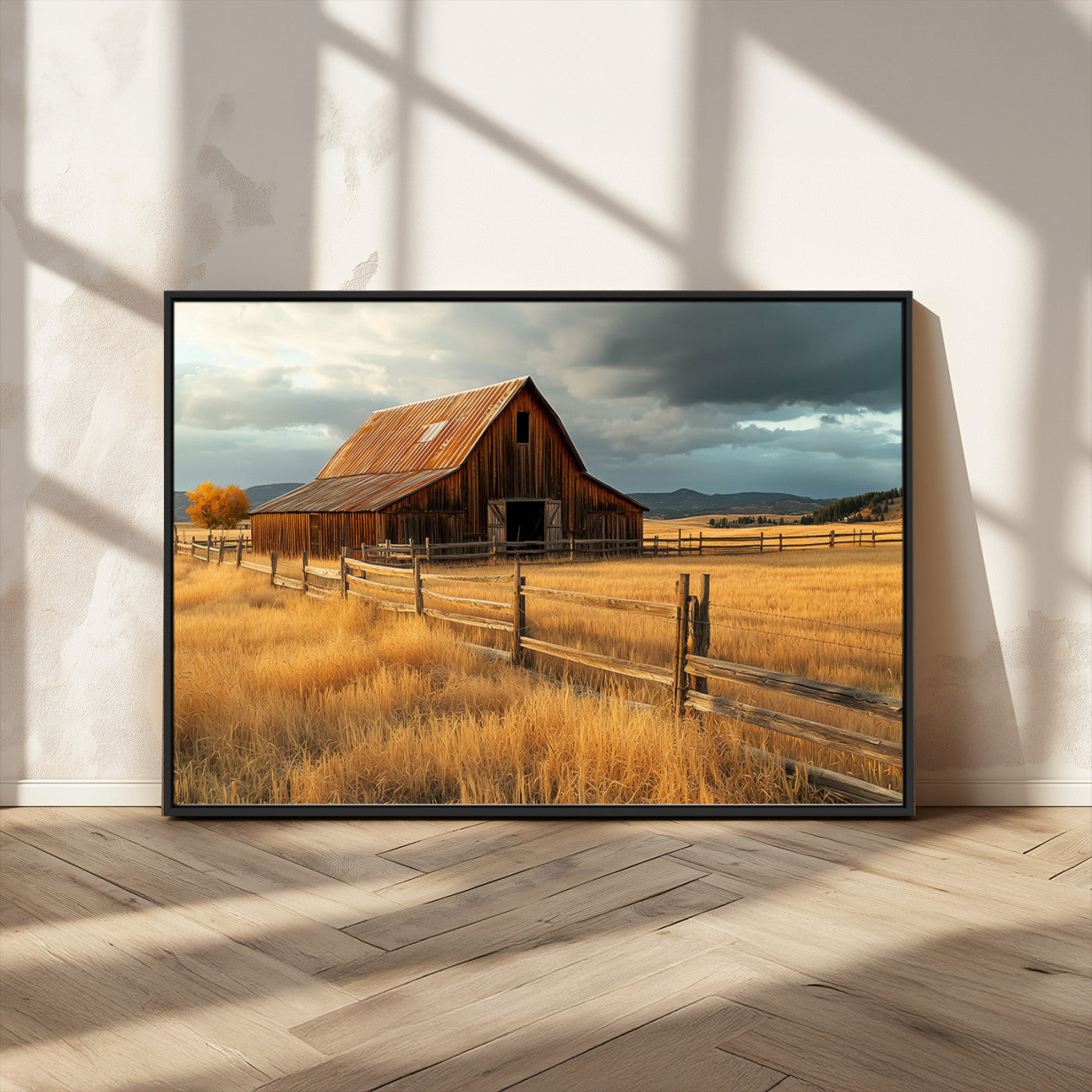 "Golden fields surrounding a rustic barn with a weathered roof, a wooden fence, and dramatic skies with sunlight breaking through the clouds."