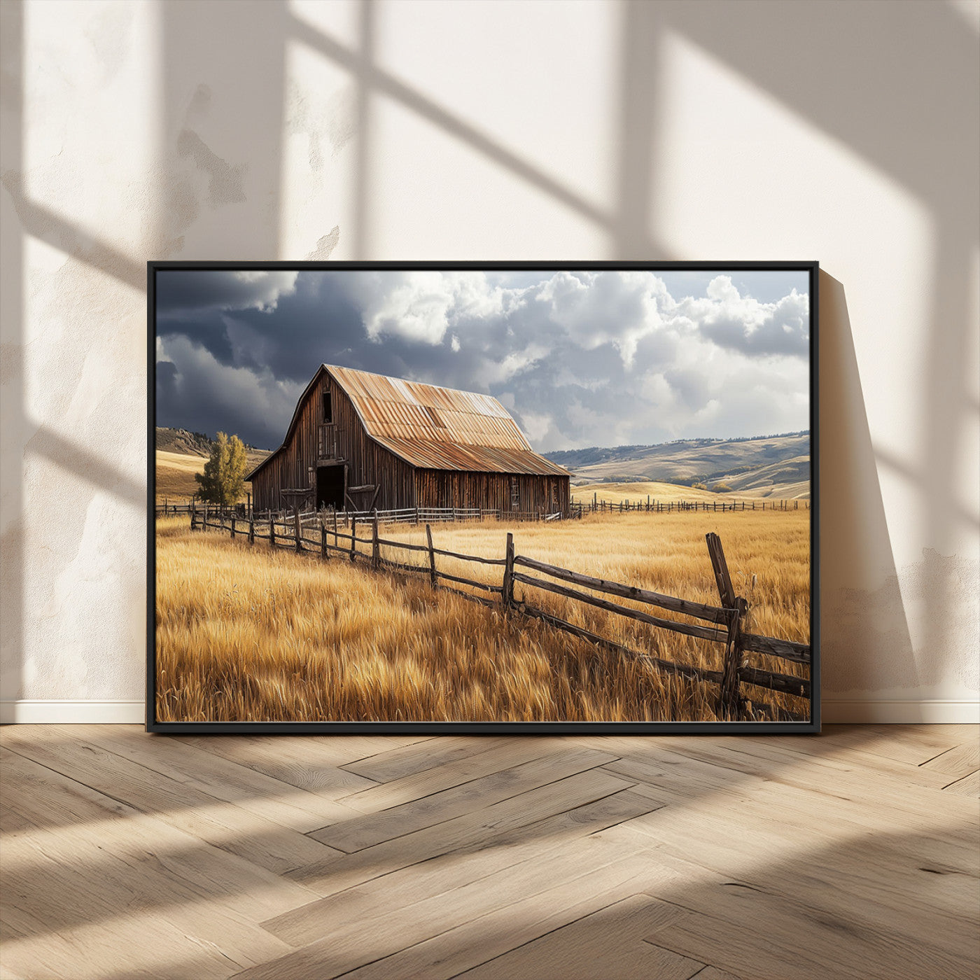 "Rustic barn surrounded by golden fields, a wooden fence, and dramatic storm clouds in the sky, capturing a serene countryside landscape."