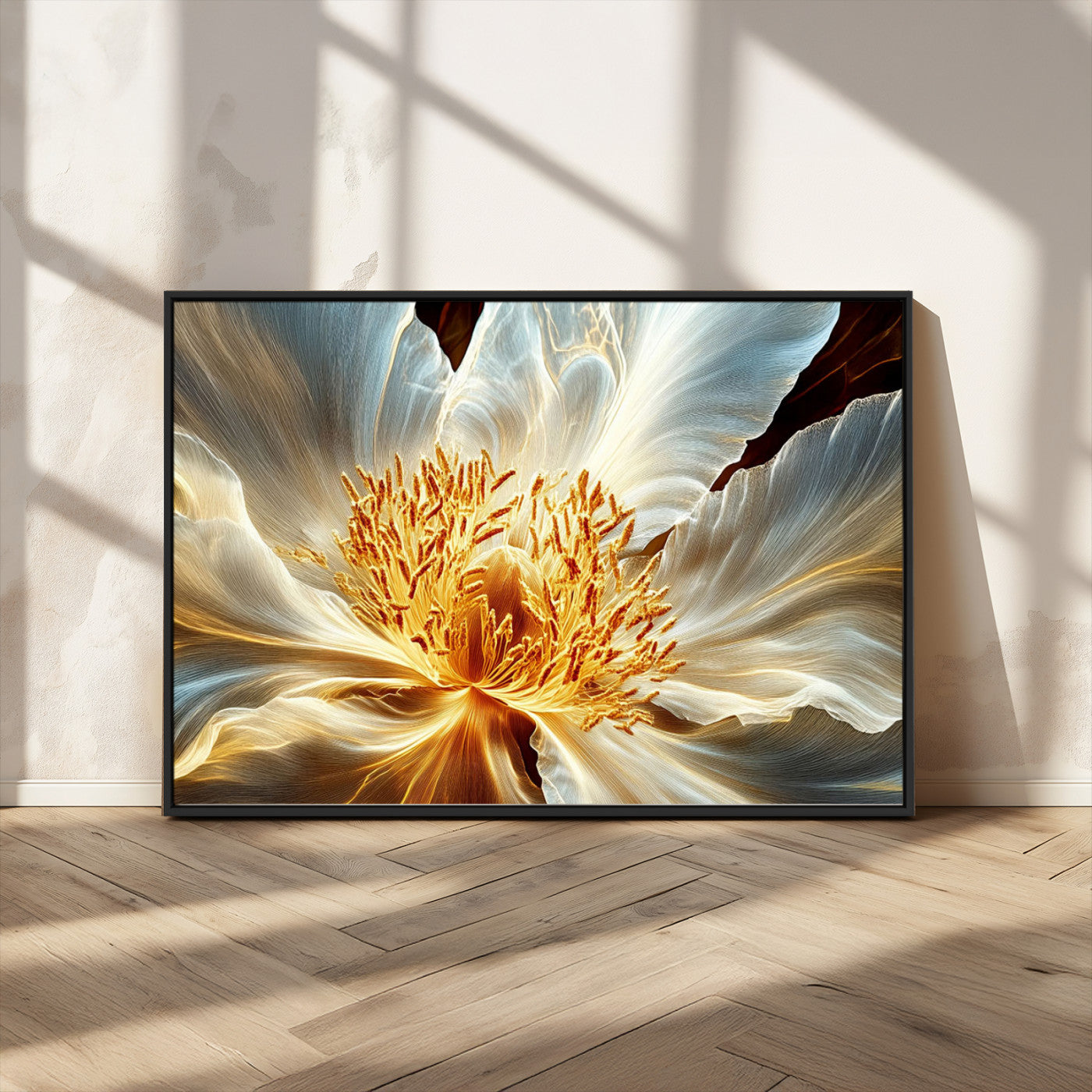 "Close-up of a glowing, abstract flower with delicate white petals and vibrant golden-yellow stamen against a dark background."