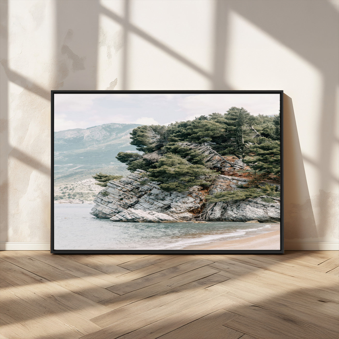 MGV-FC-36X24 - Coastal Rock Canvas Wall Art Print, Scenic Beach Landscape, Pine Trees on Rocky Cliff, Large Nature