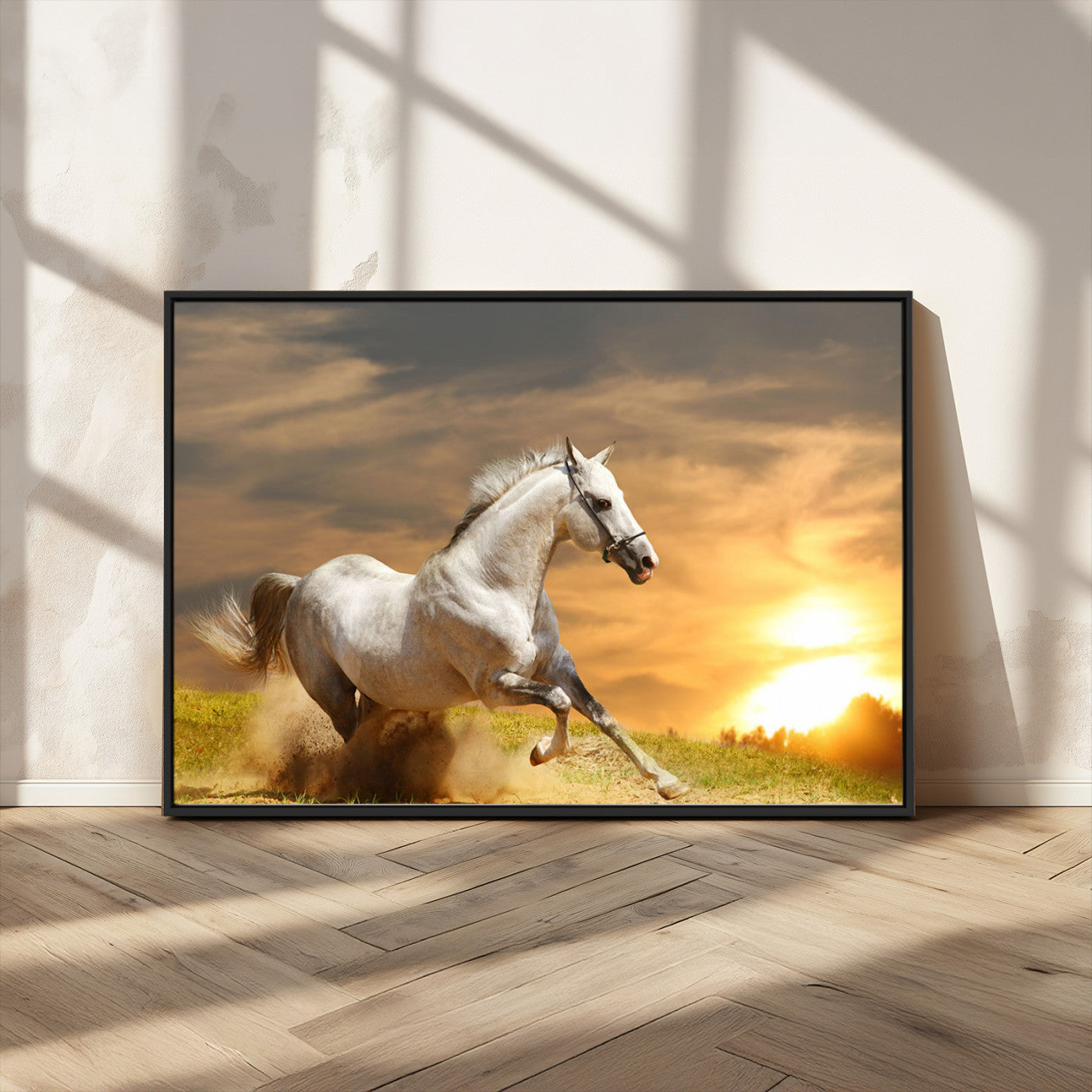 Powerful white horse galloping on a dusty field at sunset with a dramatic sky – Wall Art Canvas Print.
