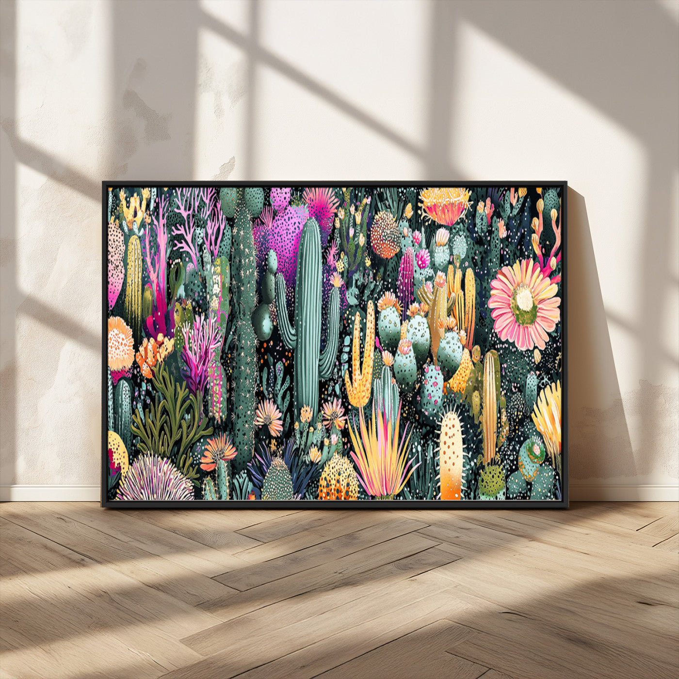 Colorful and detailed painting of various cacti and desert flowers in vibrant hues on a dark background – Wall Art Canvas Print.