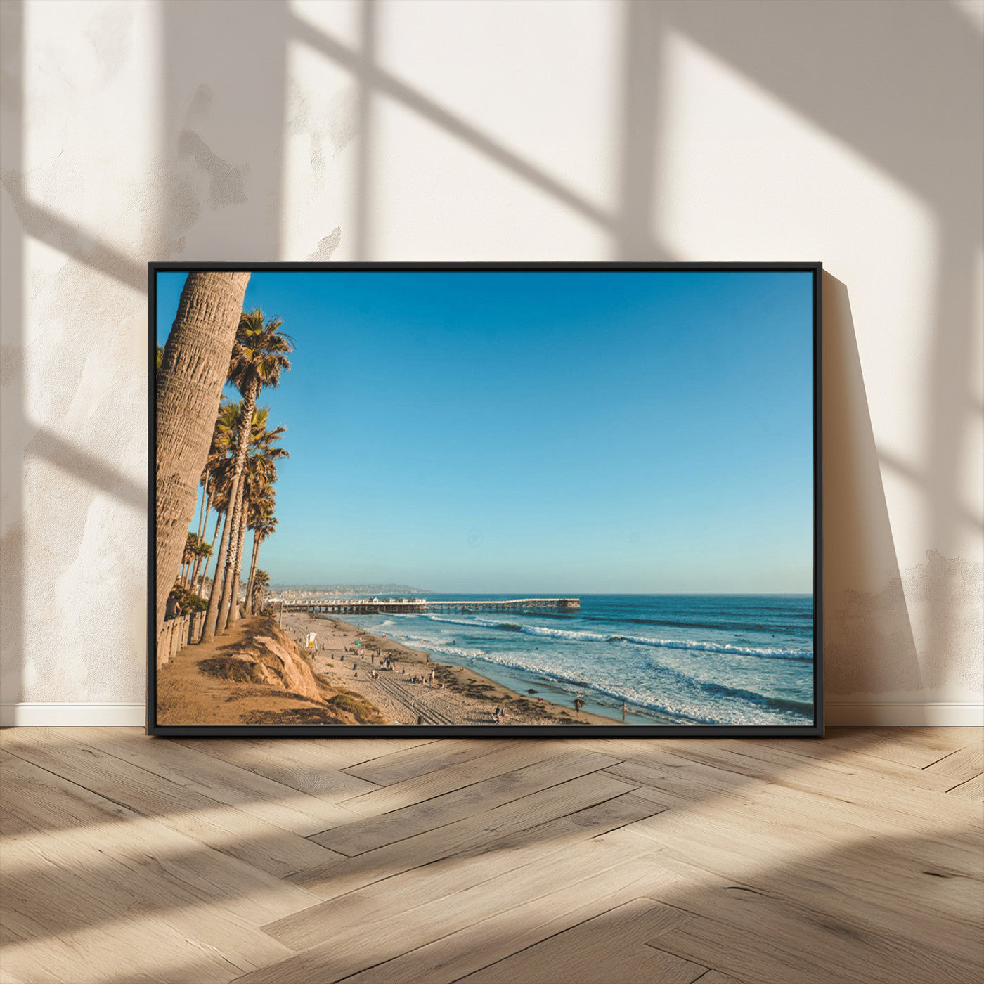 MGV-FC-36X24 - Scenic Beach with Tall Palm Trees, Sandy Shore, and Long Pier Stretching into the Calm Ocean Under