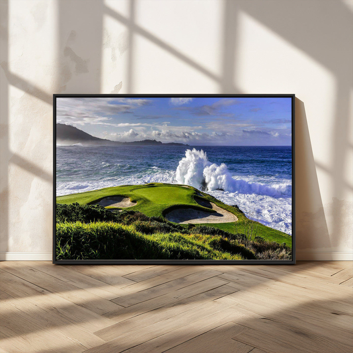 78508908-MGV-FC-36X24_Black-Dramatic Ocean Waves Crashing Against Rocky Coastline Near a Green Golf Course – Stunning Wall Art Canvas Print for Nature and Sports Lovers