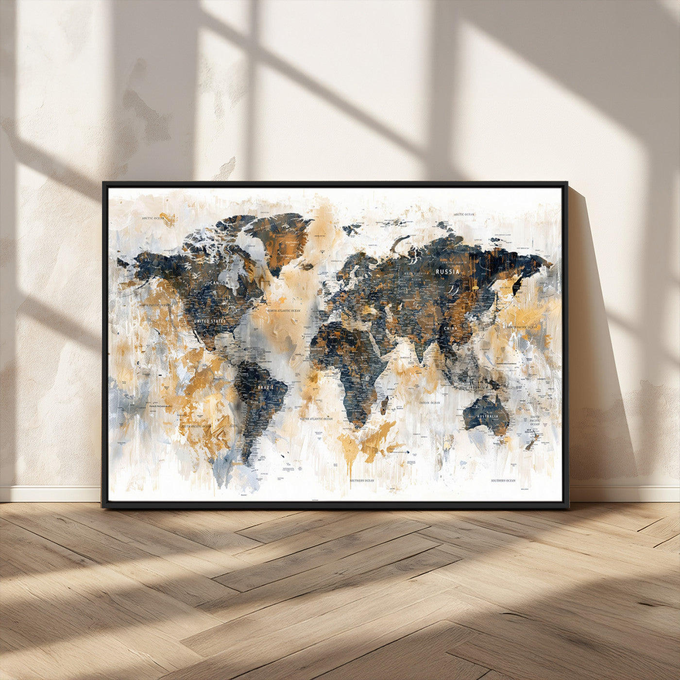 Artistic world map with textured brush strokes in shades of gold, navy blue, and white, showing continents and countries with an abstract, painterly effect.