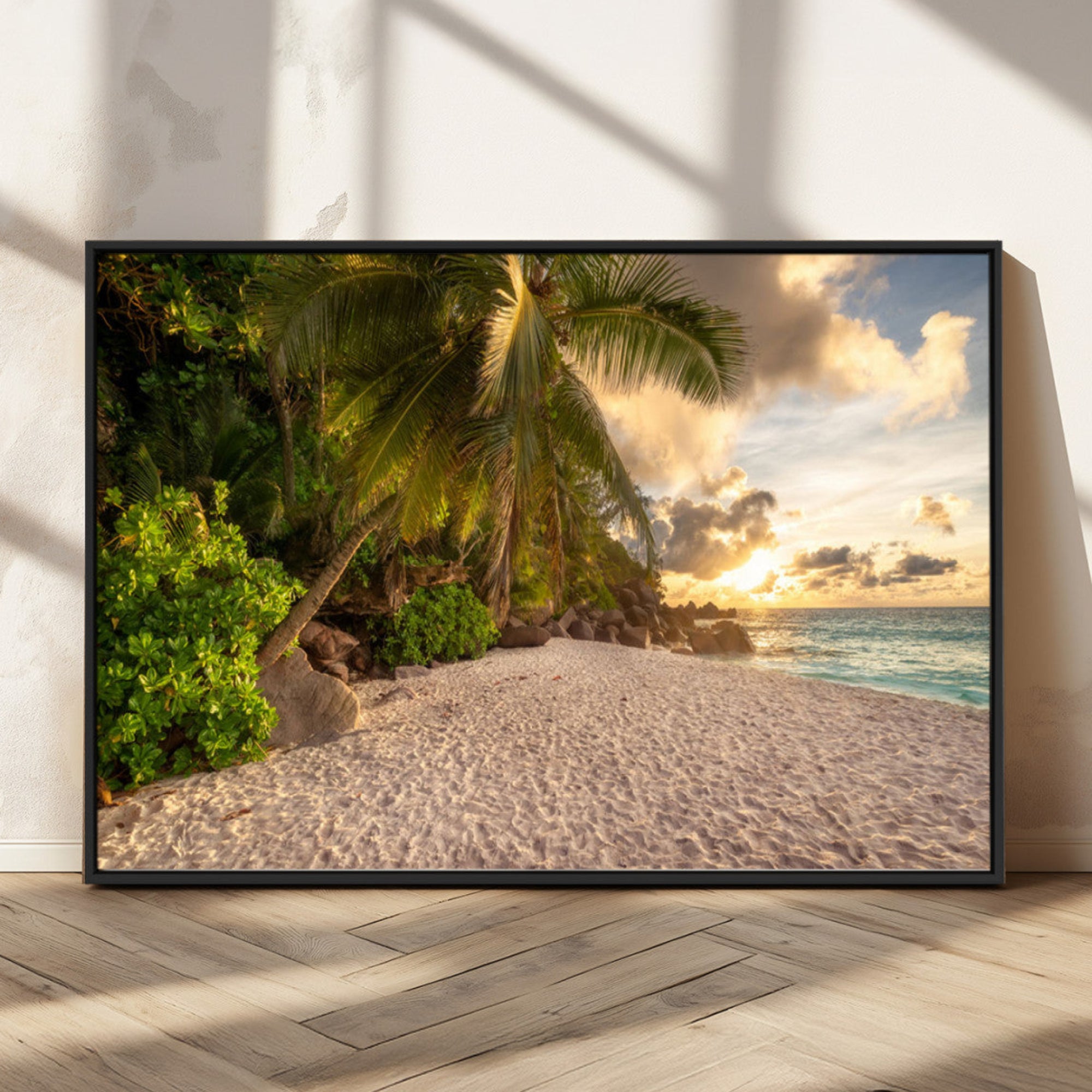 Tropical Beach Sunset Palm Trees White Sand Ocean Waves Golden Sky