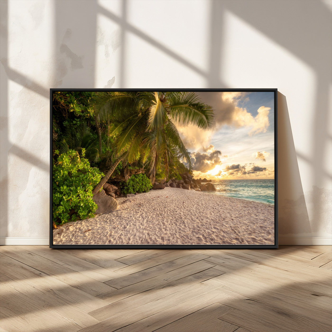 89531159-MGV-FC-36X24_Black-Tropical beach sunset, palm trees, white sand, ocean waves, golden sky, serene landscape, nature beauty, tranquil shore, Wall Art Canvas Print
