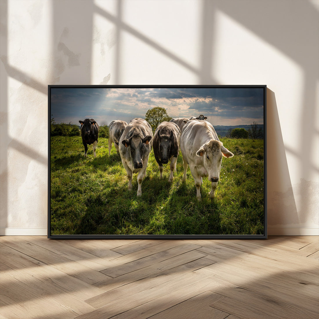 Grazing Cattle Herd Wall Art, Green Pasture Livestock Canvas Print, Rural Farm Decor
