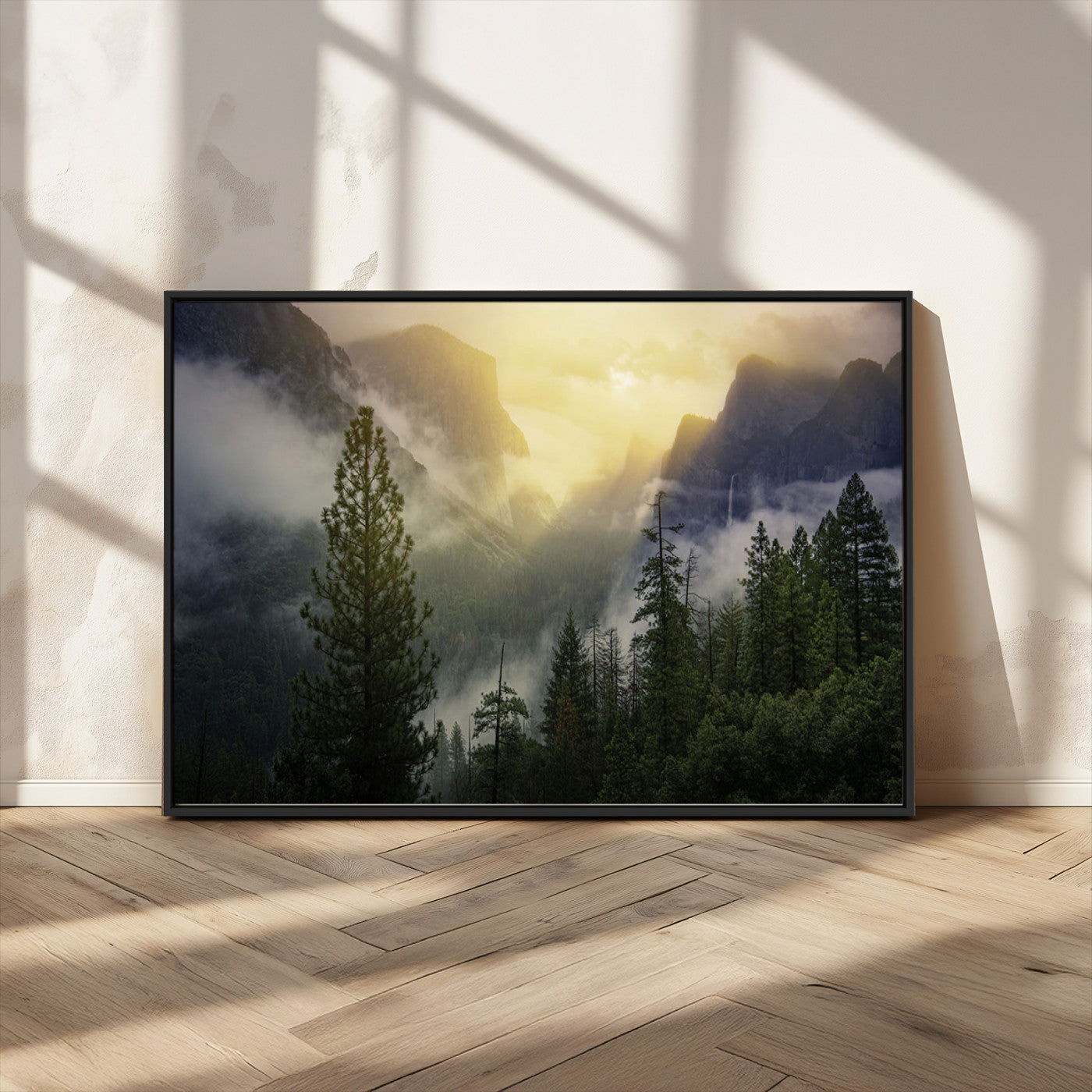 38316884-MGV-FC-36X24_Black-Misty Forest Sunrise Mountain Valley Pine Trees Foggy Landscape Nature Scenic Outdoors Calm Tranquil Wall Art Canvas Print