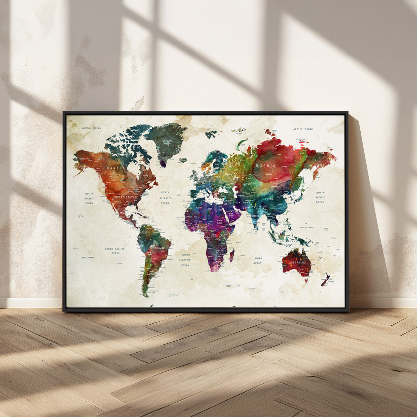 Colorful watercolor world map with countries labeled, featuring rich, vibrant hues across continents on a vintage beige background, Wall Art Canvas Print style.