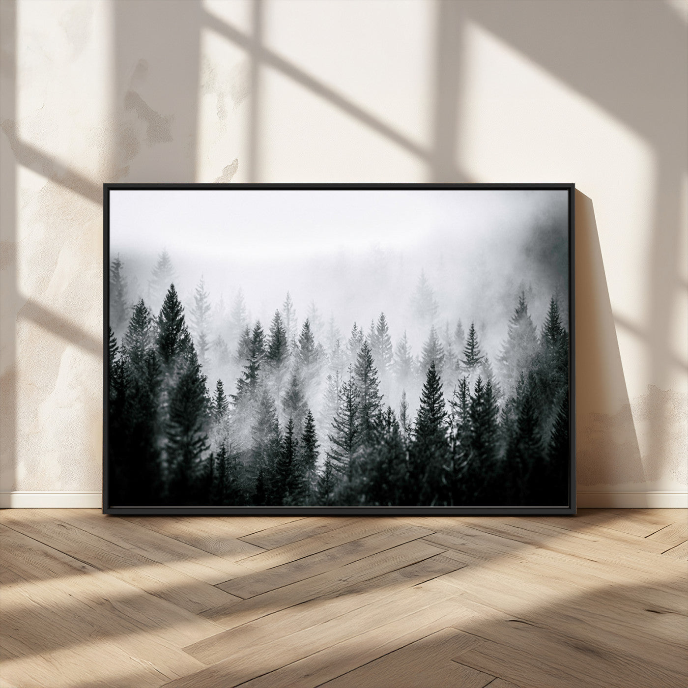 Horizontal black and white canvas wall art of foggy pine forest landscape for modern and rustic home decor