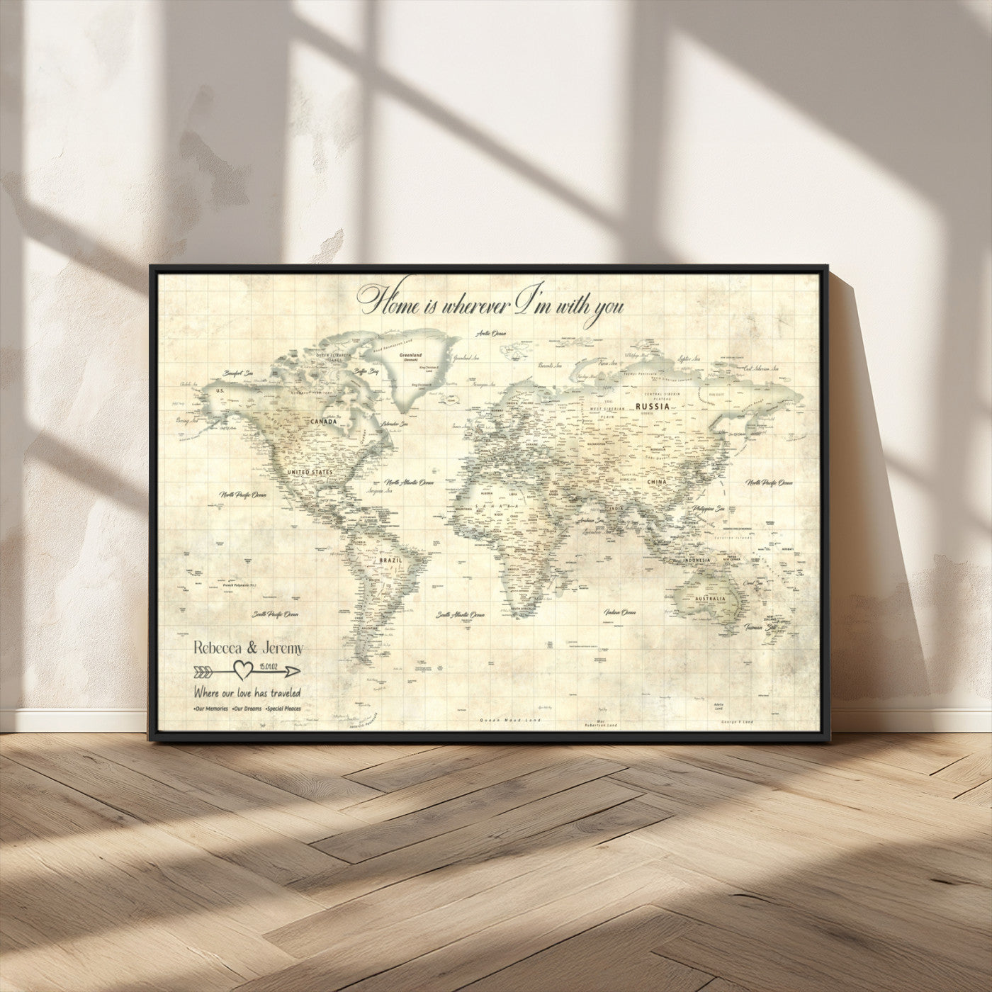 MGV-FC-36X24 - Personalized World Map Wall Art Canvas Print – Custom Push Pin Travel Map for Couples, Families, or Office Décor