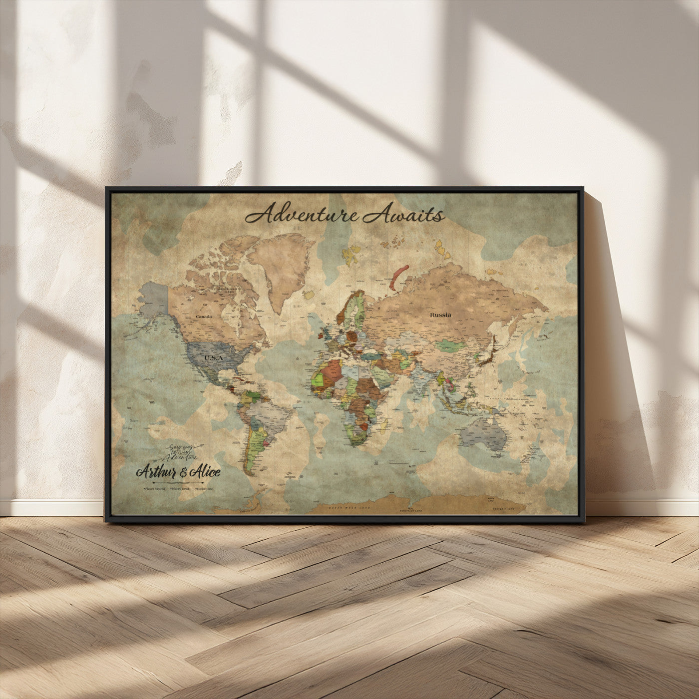 MGV-FC-36X24 - Personalized World Map Wall Art Canvas Print – Custom Push Pin Travel Map for Couples, Families, or Office Décor