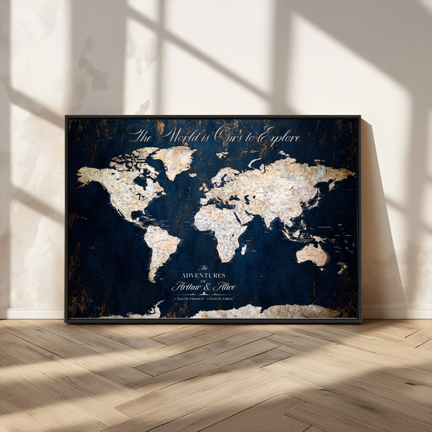 MGV-FC-36X24 - Personalized World Map Wall Art Canvas Print – Custom Push Pin Travel Map for Couples, Families, or Office Décor