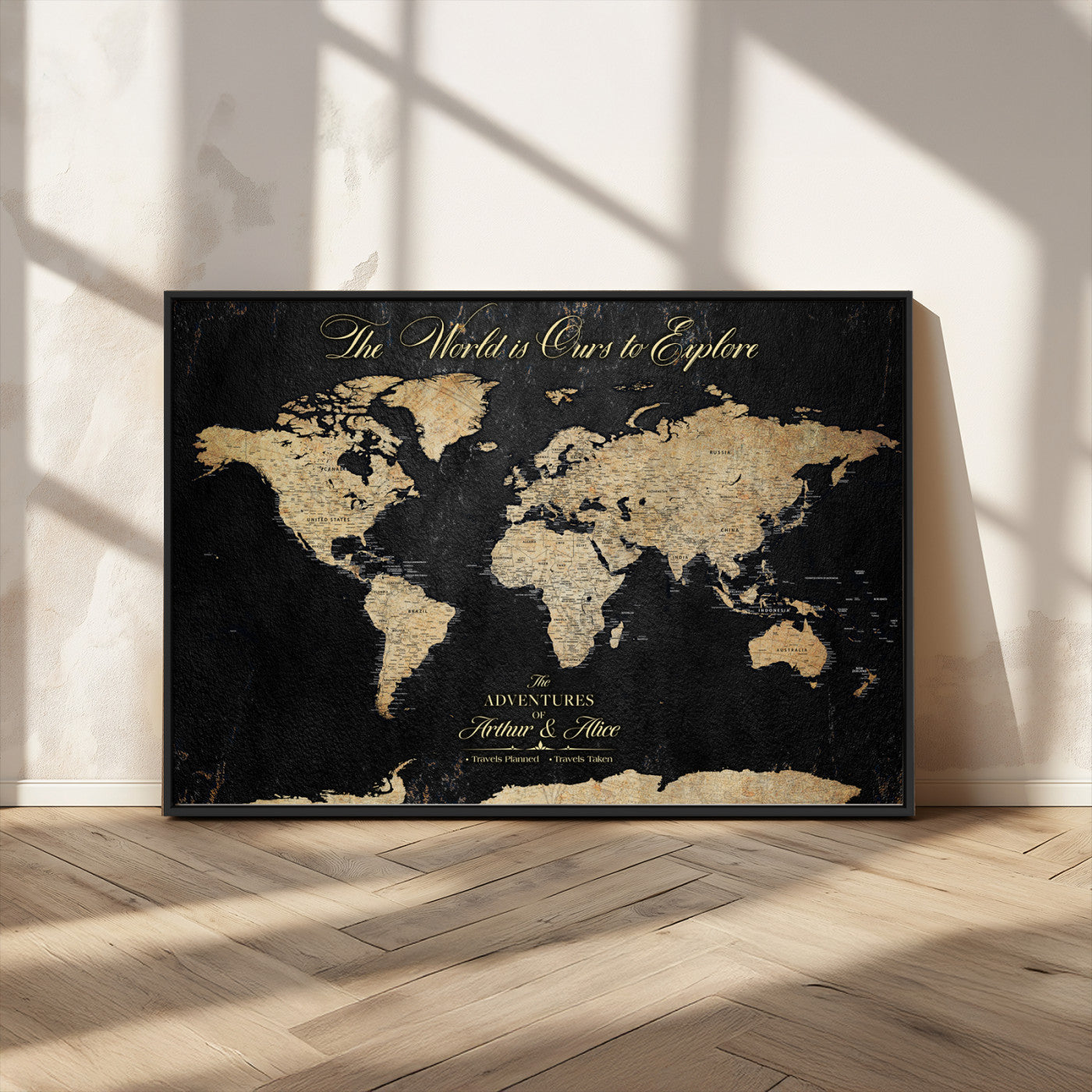 MGV-FC-36X24 - Personalized World Map Wall Art Canvas Print – Custom Push Pin Travel Map for Couples, Families, or Office Décor