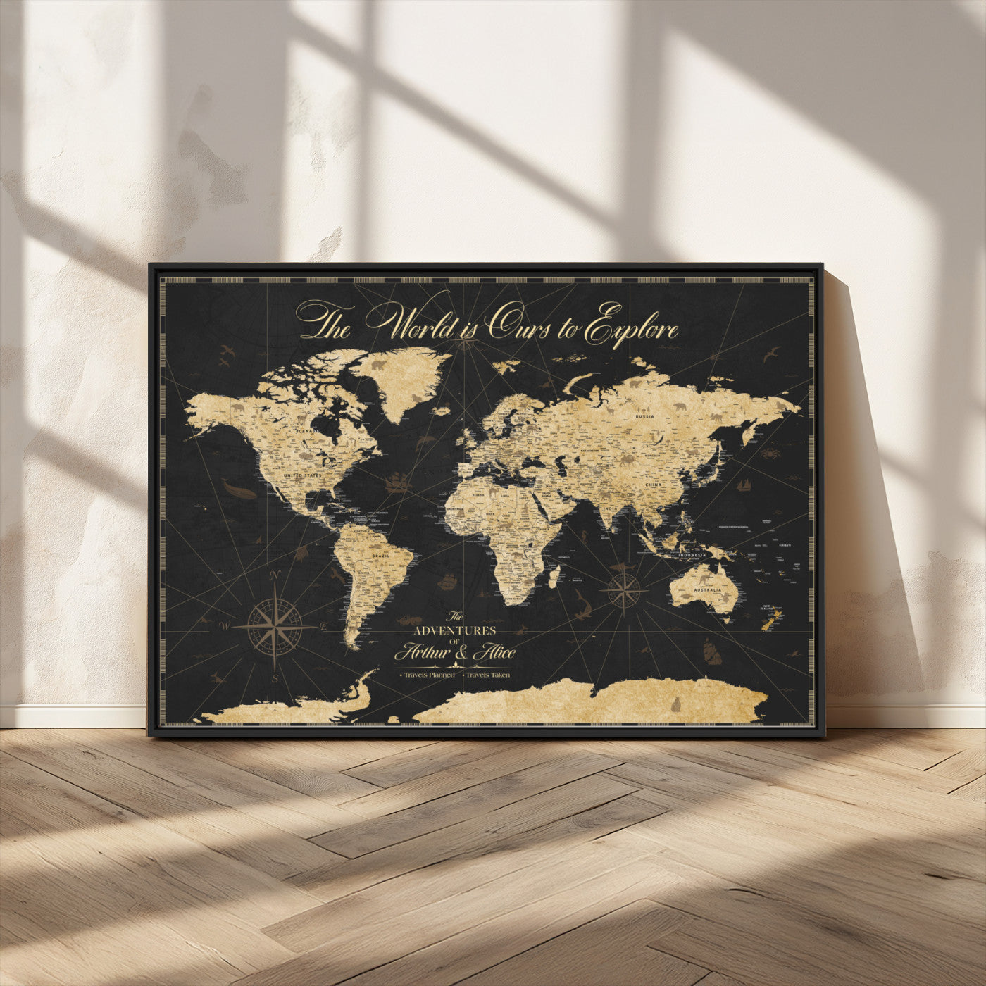 MGV-FC-36X24 - Personalized World Map Wall Art Canvas Print – Custom Push Pin Travel Map for Couples, Families, or Office Décor