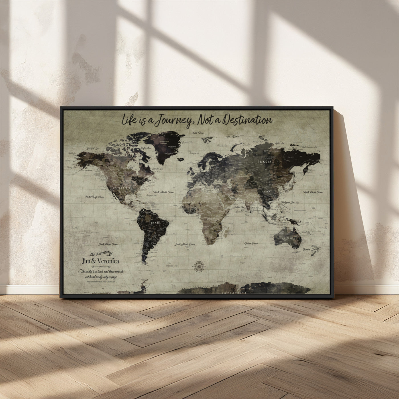 MGV-FC-36X24 - Personalized World Map Wall Art Canvas Print – Custom Push Pin Travel Map for Couples, Families, or Office Décor