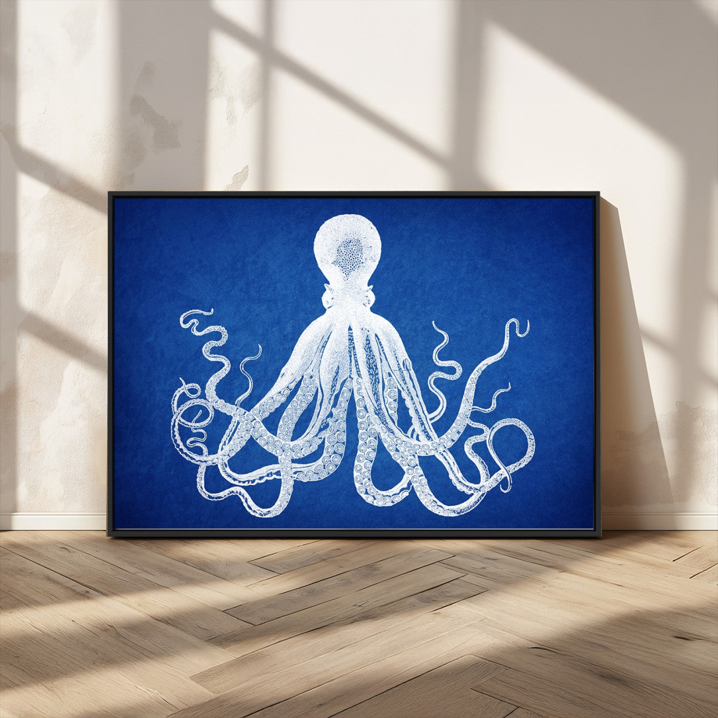 MGV-FC-36X24 - Large 3-Panel Blue Octopus Canvas Wall Art | Coastal Marine Life Artwork for Living Room, Bedroom,