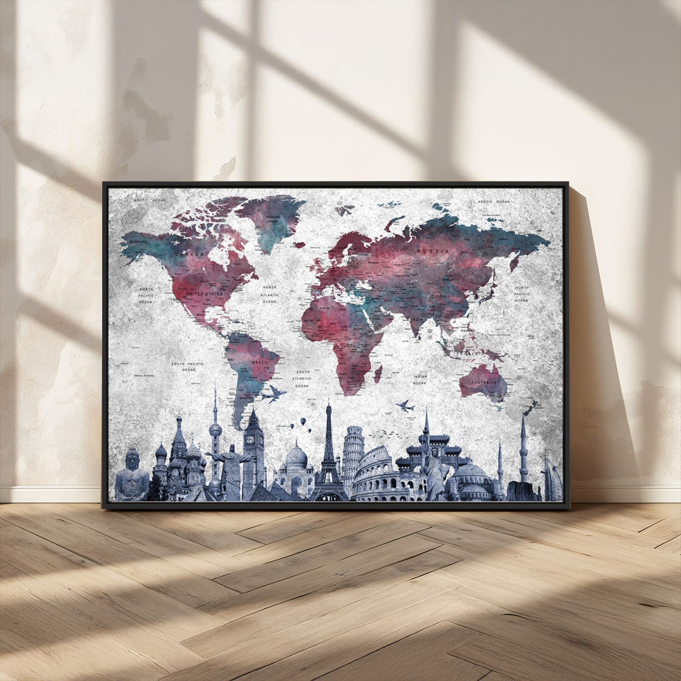MGV-FC-36X24 - Push Pin World Map Canvas Print – Framed Wall Art for Couples to Track Their Travels – Anniversary