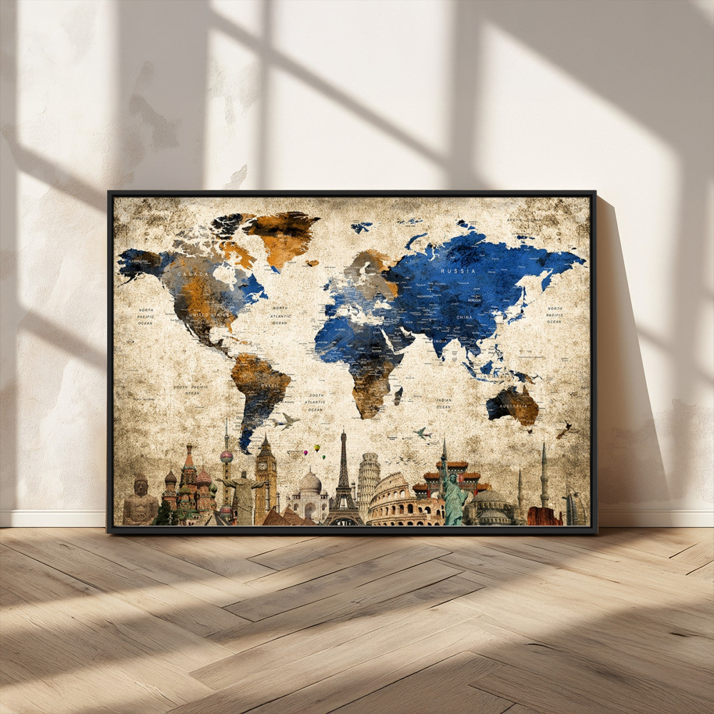MGV-FC-36X24 - Push Pin World Map Canvas Print – Framed Wall Art for Couples to Track Their Travels – Anniversary