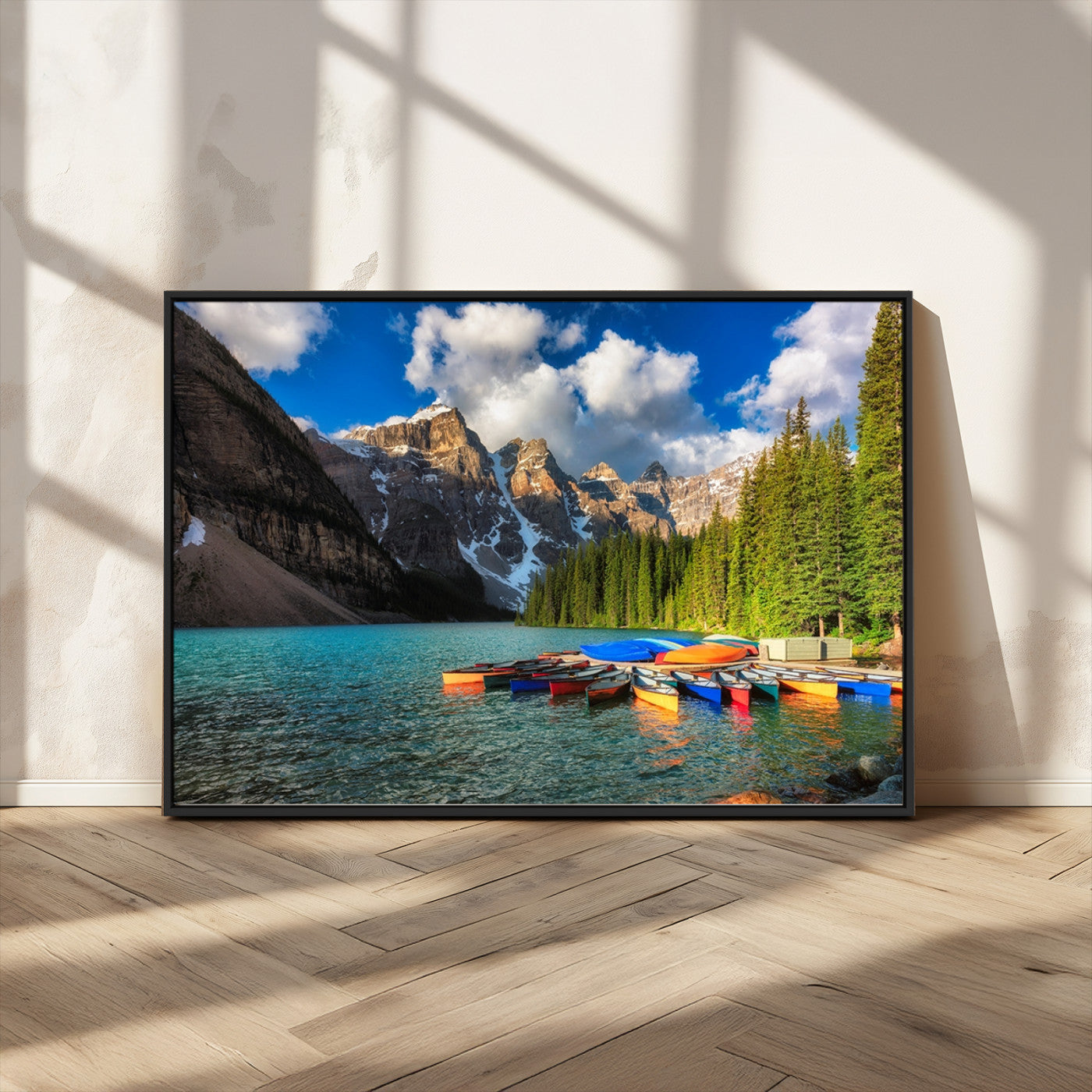 MGV-FC-36X24 - Moraine Lake 3-Panel Wall Art, Majestic Mountain and Lake Landscape Canvas Print Canoes on Moraine