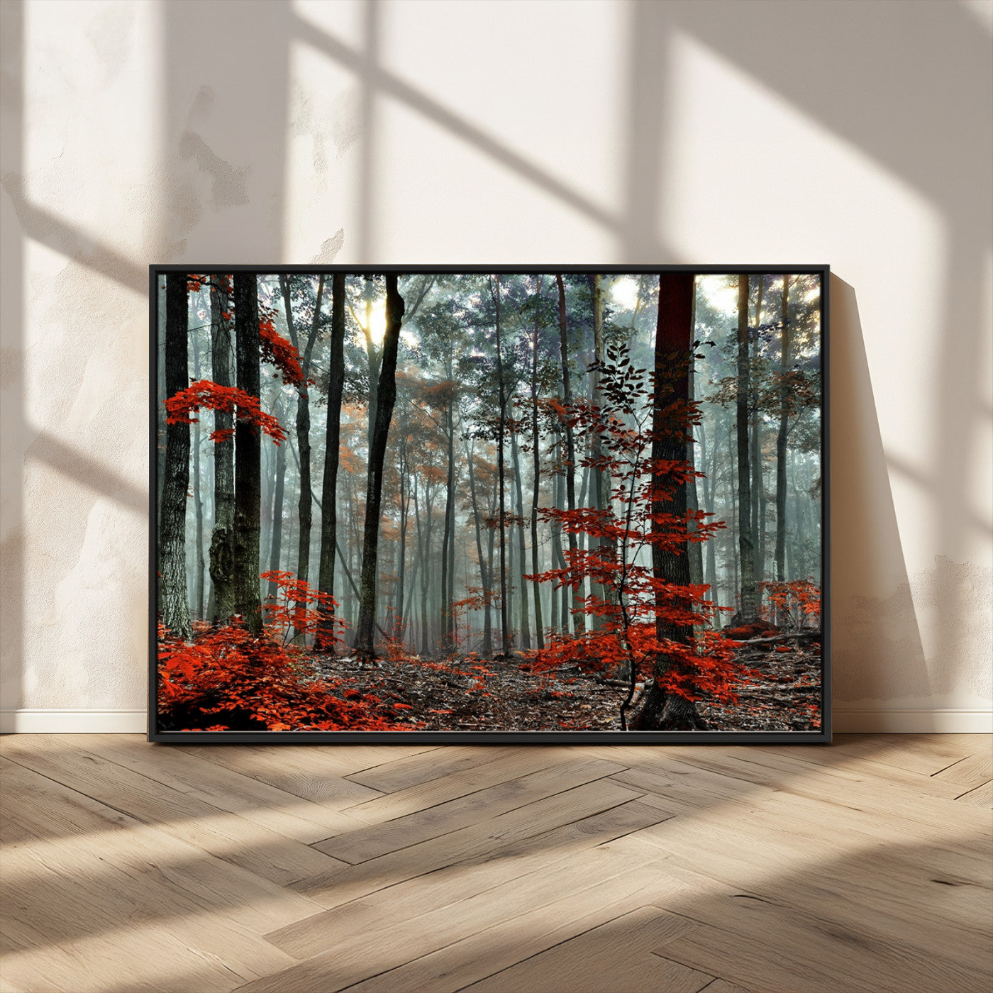 MGV-FC-36X24 - Autumn Forest Canvas Wall Art – Enchanting Red Leaves Triptych Print – Nature-Inspired Decor for