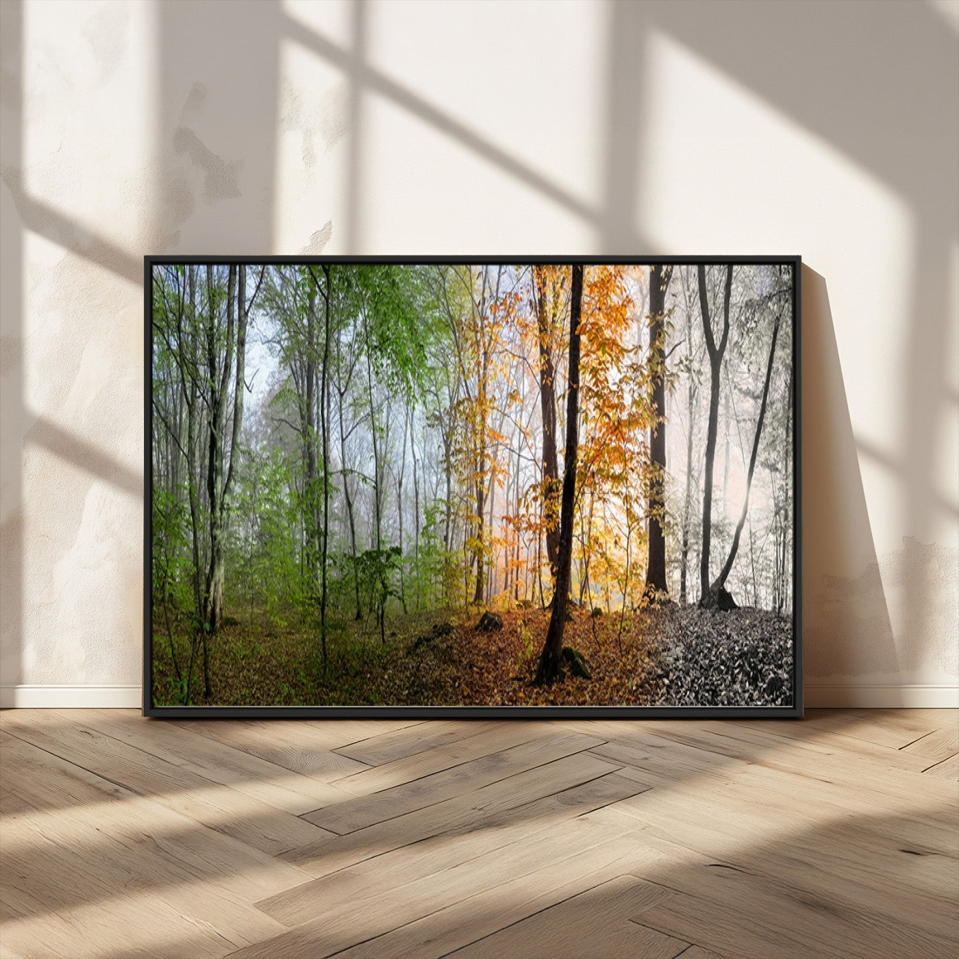 MGV-FC-36X24 - Four Seasons Wall Art Forest Canvas Print – Triptych Seasonal Nature Print – Landscape Decor for