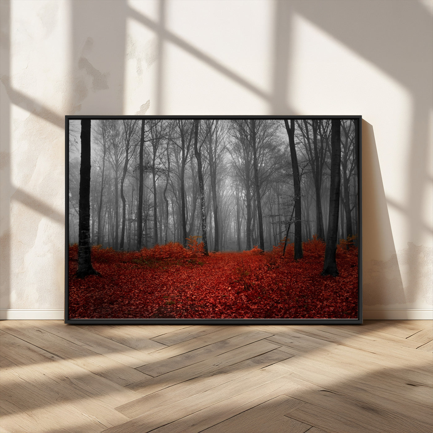 MGV-FC-36X24 - Red Forest Floor Canvas Wall Art – Mystical Foggy Woodland Triptych – Nature-Inspired Decor for