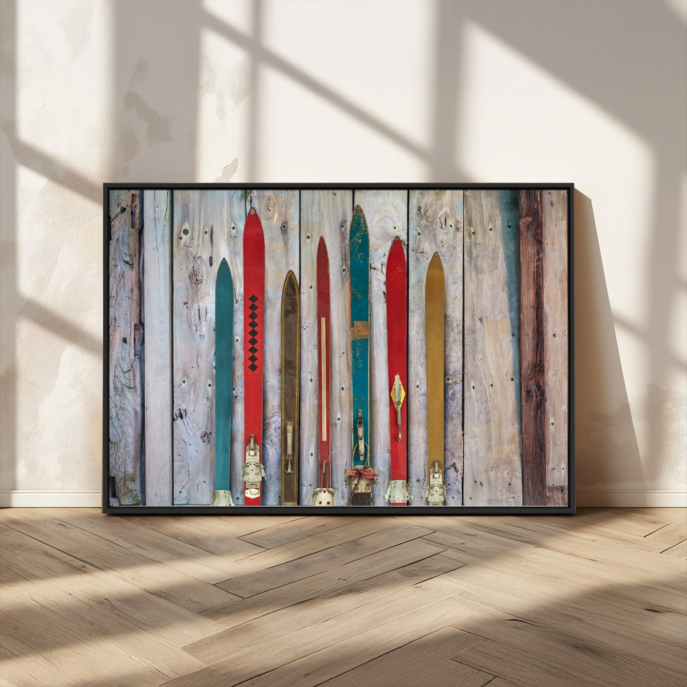 MGV-FC-36X24 - Vintage Wooden Weathered Ski's in Front of an Old Barn Wall Art Canvas Print for Farmhouse, Cabin