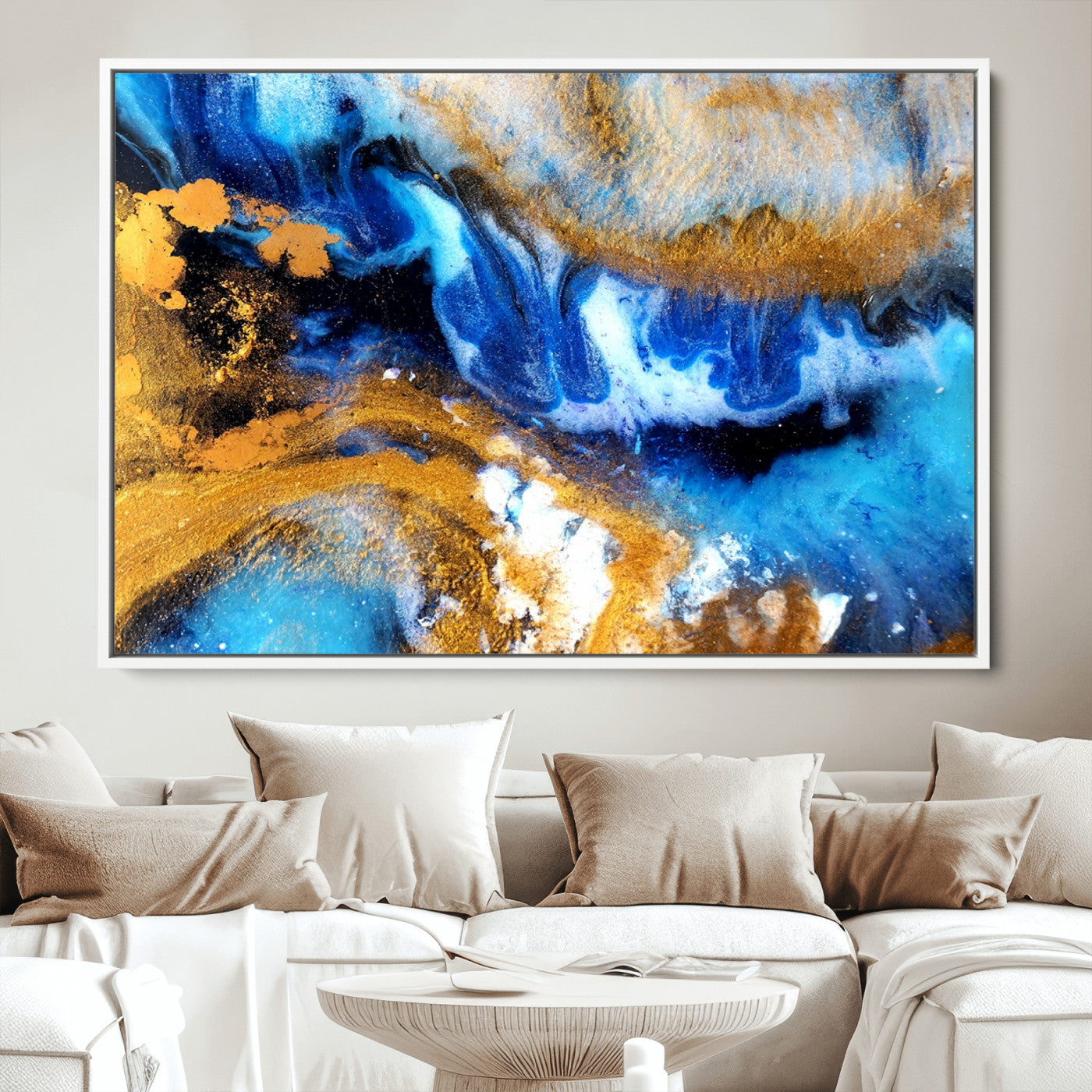 42100-MGV-CV-36X24-Blue Orange Marble Fluid Effect Canvas Wall Art Print