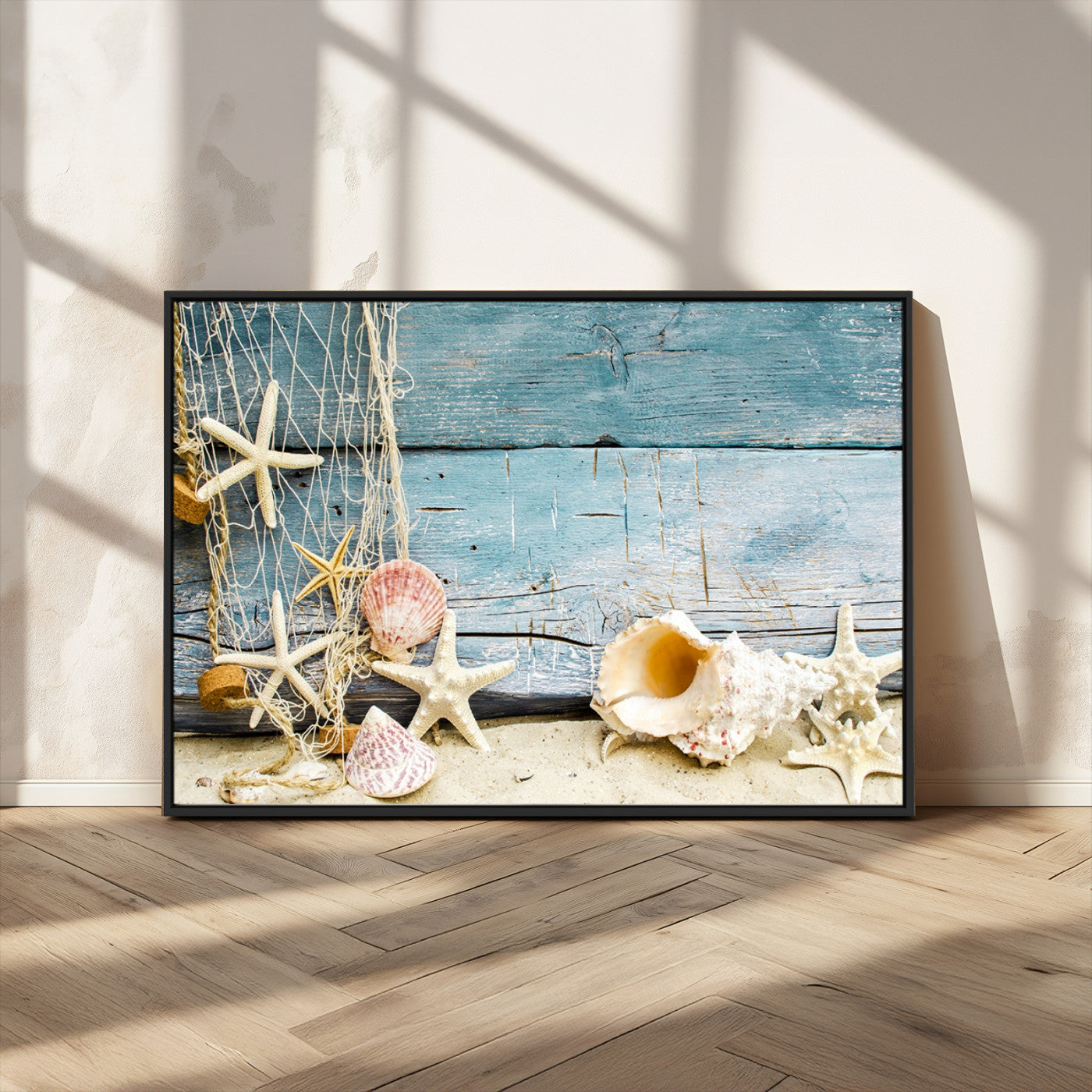 MGV-FC-36X24 - Seashells on Rustic Wooden Background, Seashells Wall Art Canvas Print