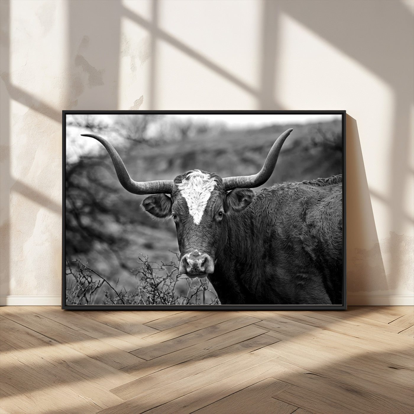 MGV-FC-36X24 - Western Home Wall Art Canvas Print, Framed Texas Longhorn Art Picture Print, Rustic Cow Perfect Rustic Farmhouse Decor Artwork
