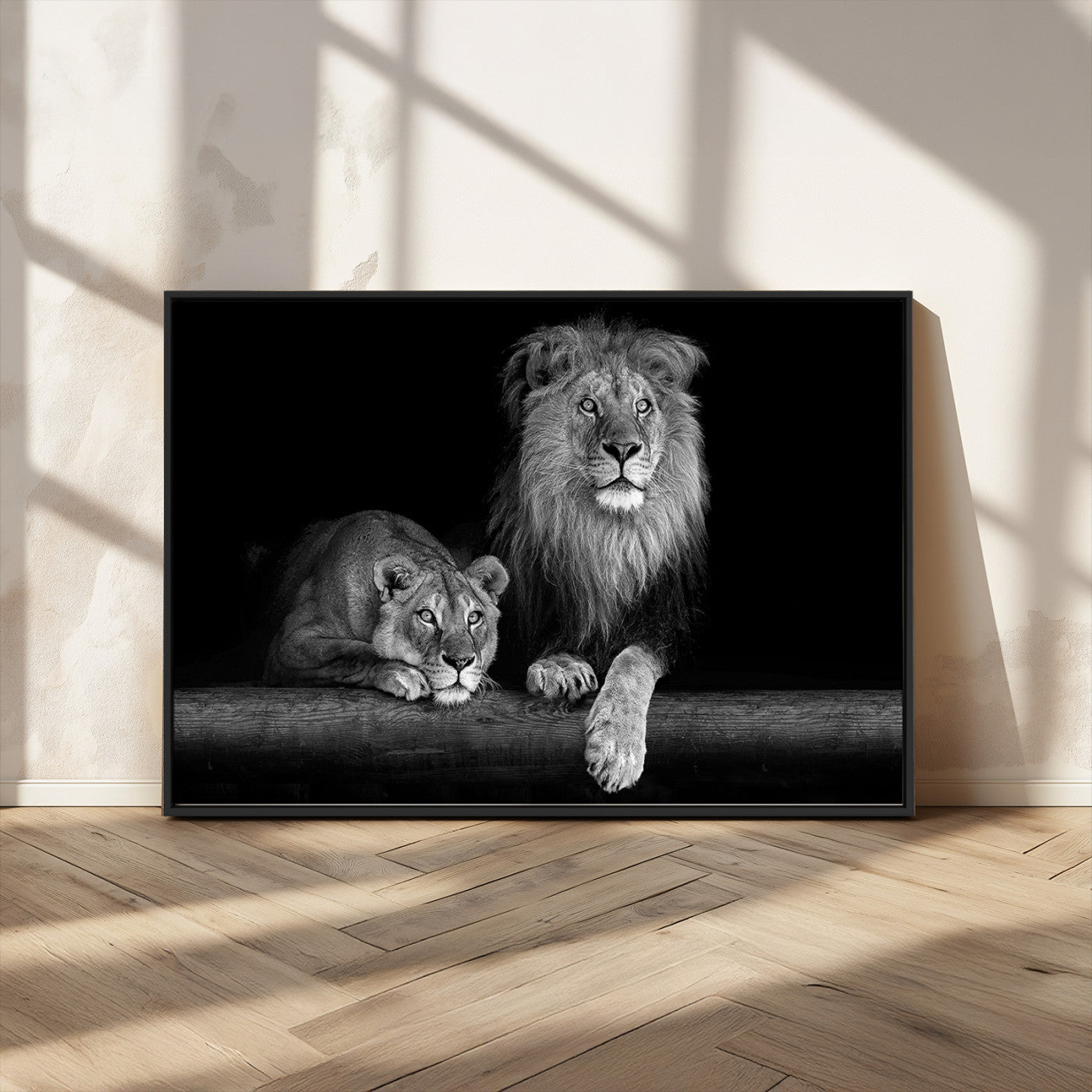 MGV-FC-36X24 - Large Black and White Lion Couple Wall Art Canvas Print
