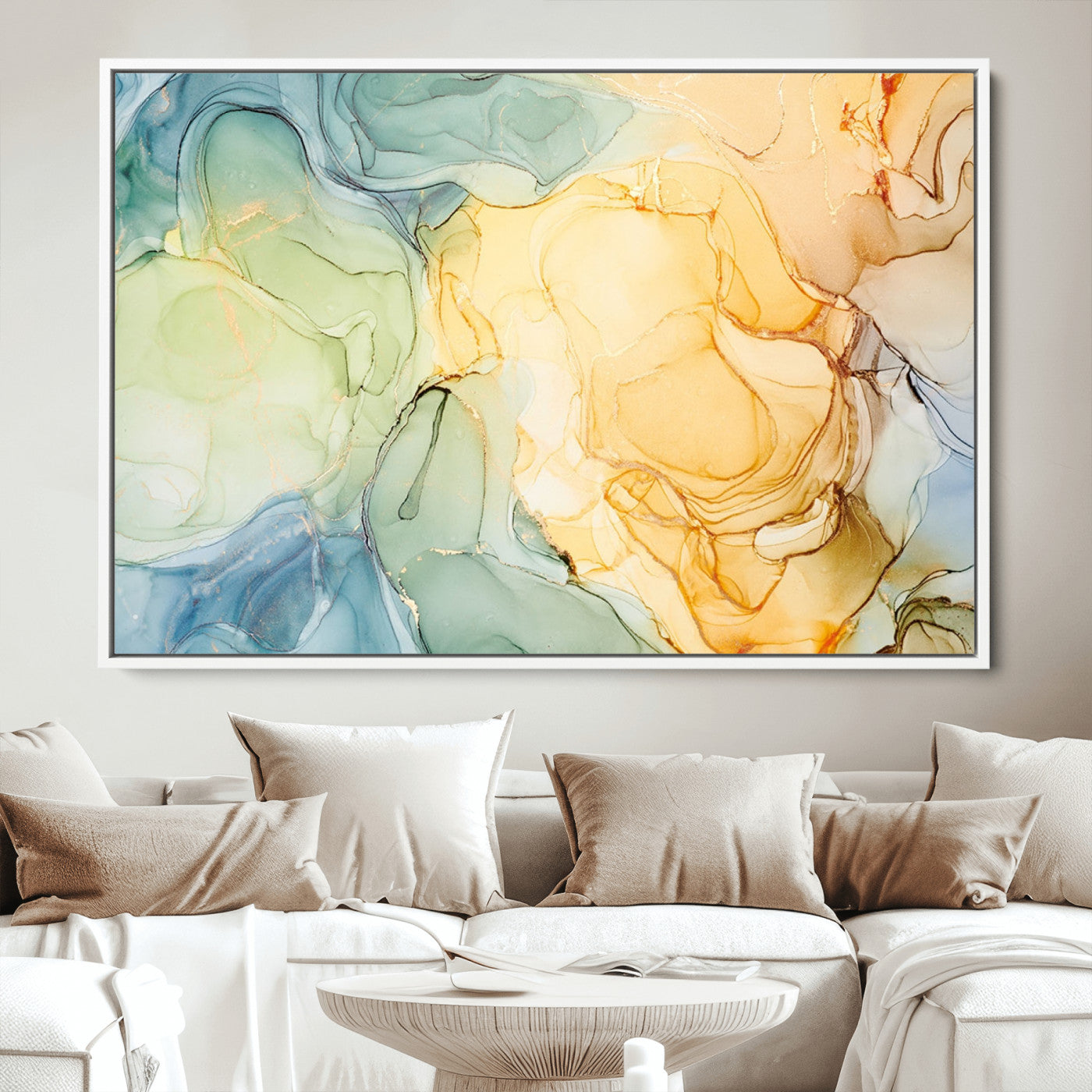 42195-MGV-CV-36X24-Green and Yellow Marble Fluid Effect Wall Art, Green and Yellow Marble Canvas Wall Art Print