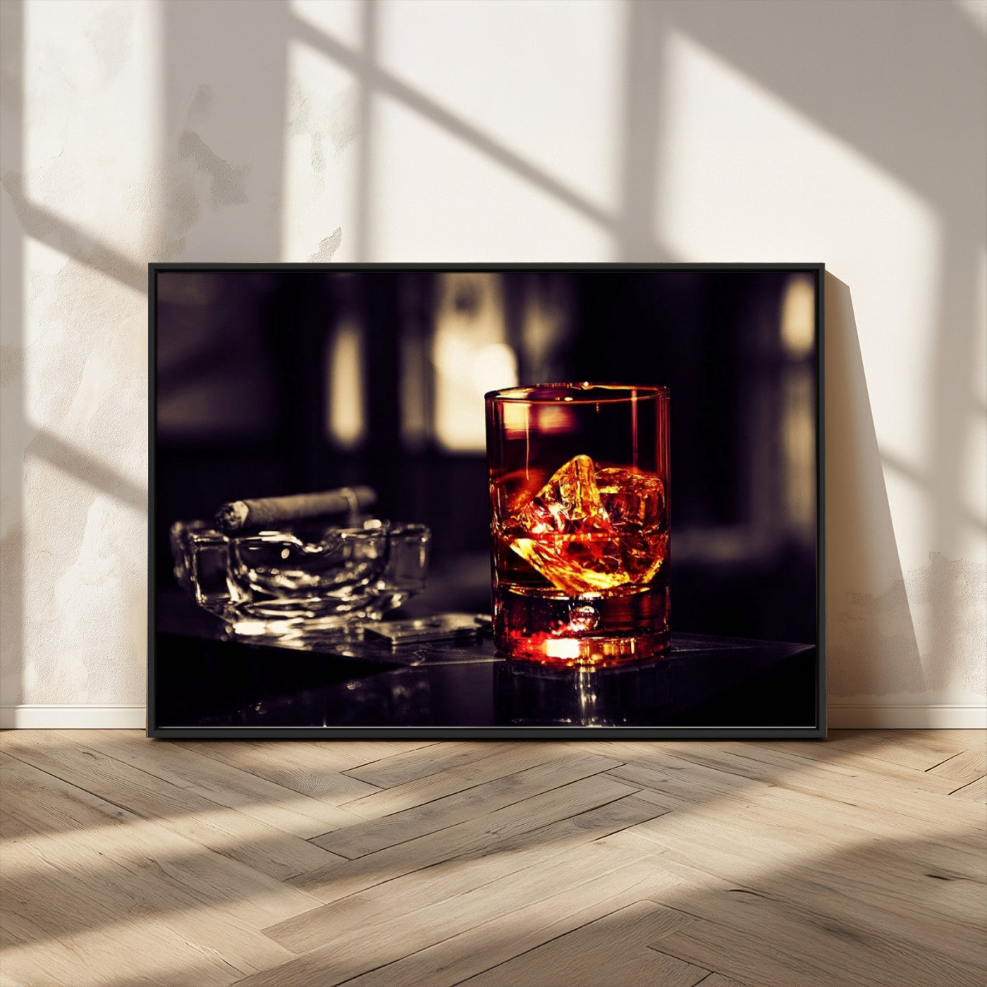 MGV-FC-36X24 - Whiskey and Cigar Canvas – Luxurious Wall Art for Home or Bar – Glass and Cigar Scene Print Canvas