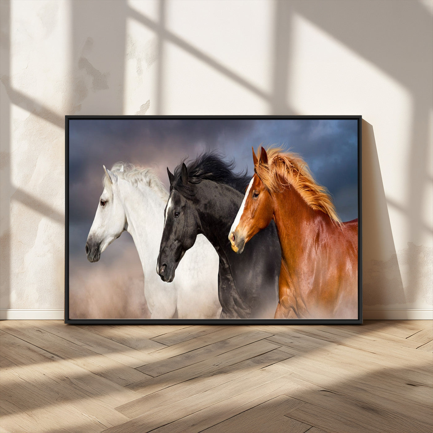 MGV-FC-36X24 - Animal Wall Art Three Horses Farmhouse Art Canvas, Framed Three Horses Canvas Print