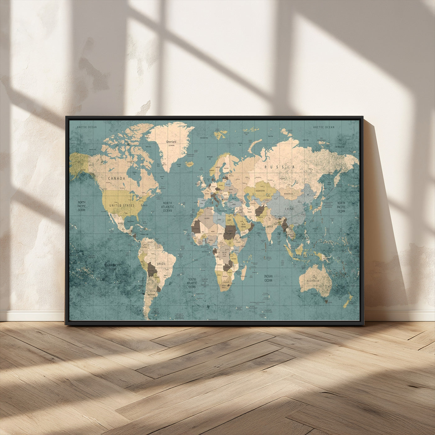 MGV-FC-36X24 - Classic World Map Wall Art Canvas Print, Framed Retro Map Art Picture Print, Vintage Atlas Perfect Rustic Explorer Decor Artwork