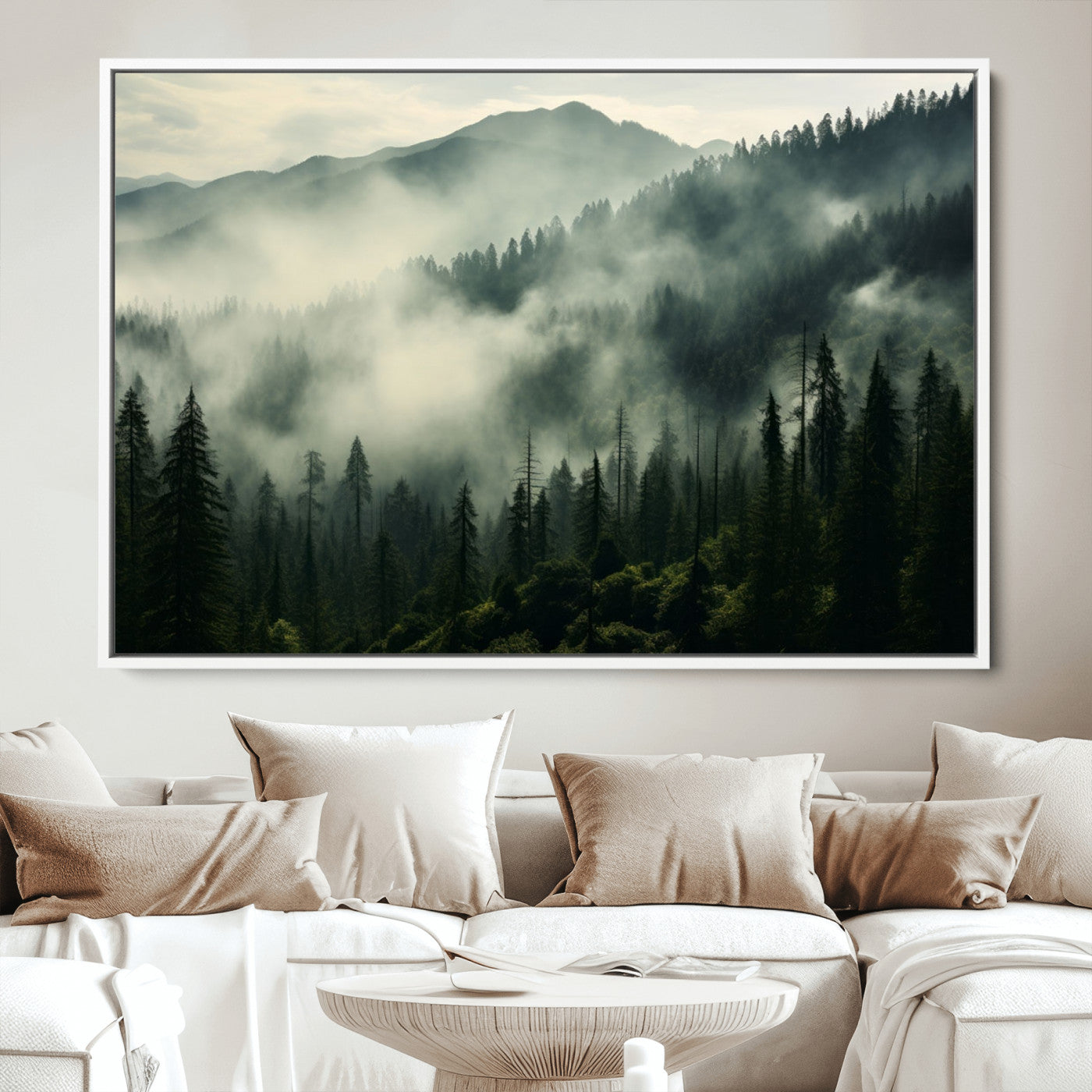 25295-MGV-CV-36X24-Captivating Misty Forest Wall Art Premium Canvas Print a Foggy and Serene Atmosphere