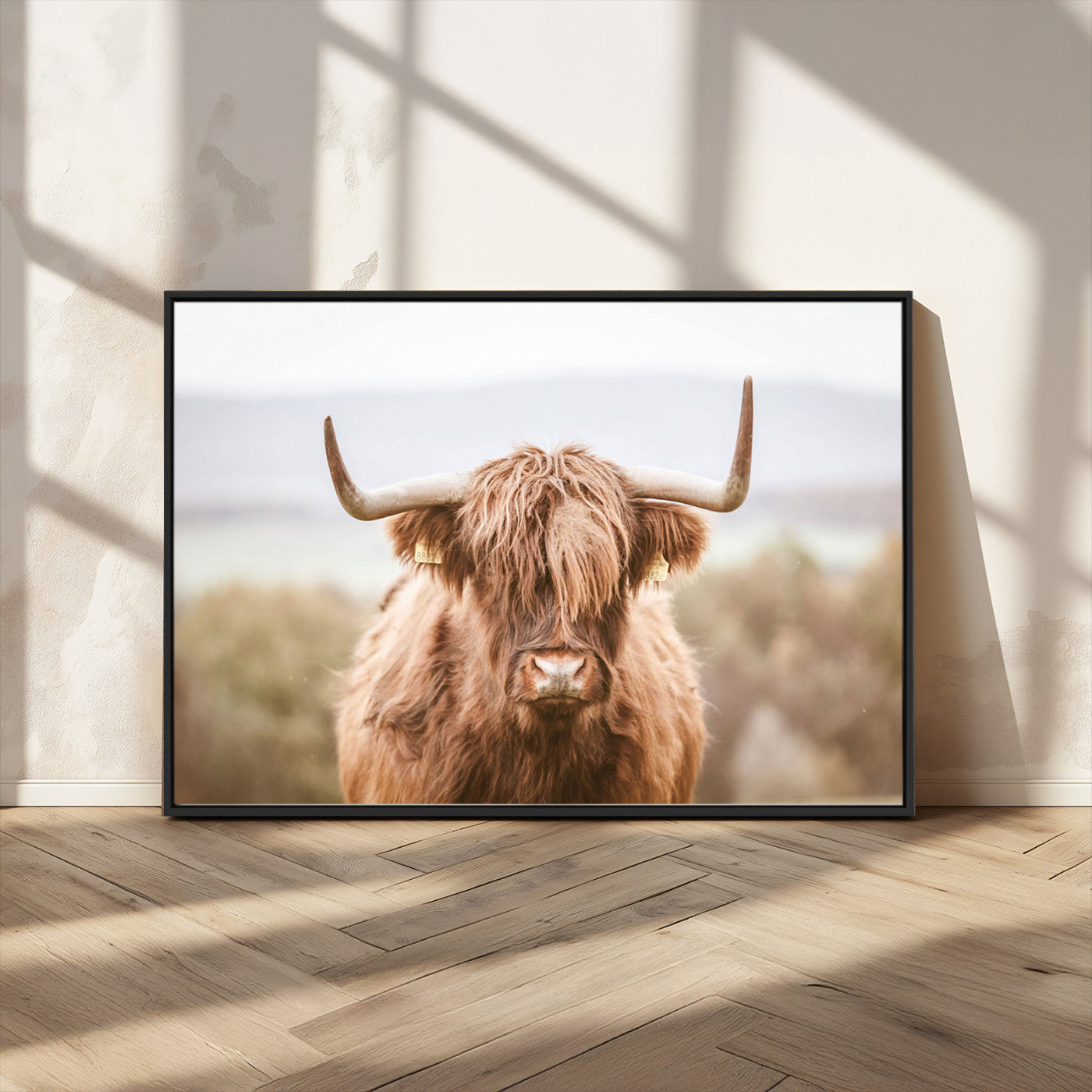 MGV-FC-36X24 - Scottish Serene Highland Cow Canvas Wall Art – Serene Highland Cow in Natural Pastel Tones – Ready