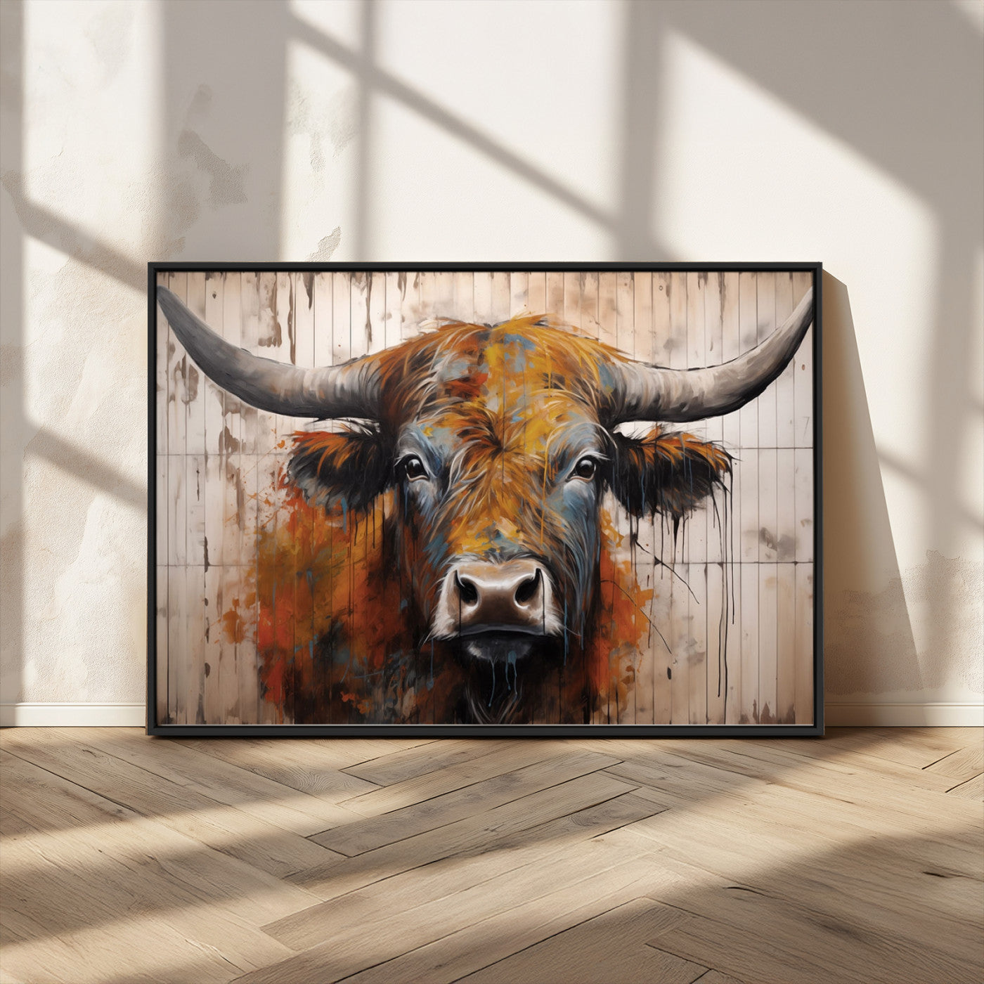 MGV-FC-36X24 - Abstract Bull Highland Cow Canvas Wall Art Print – Vibrant Rustic Charm in Modern Farmhouse Decor –