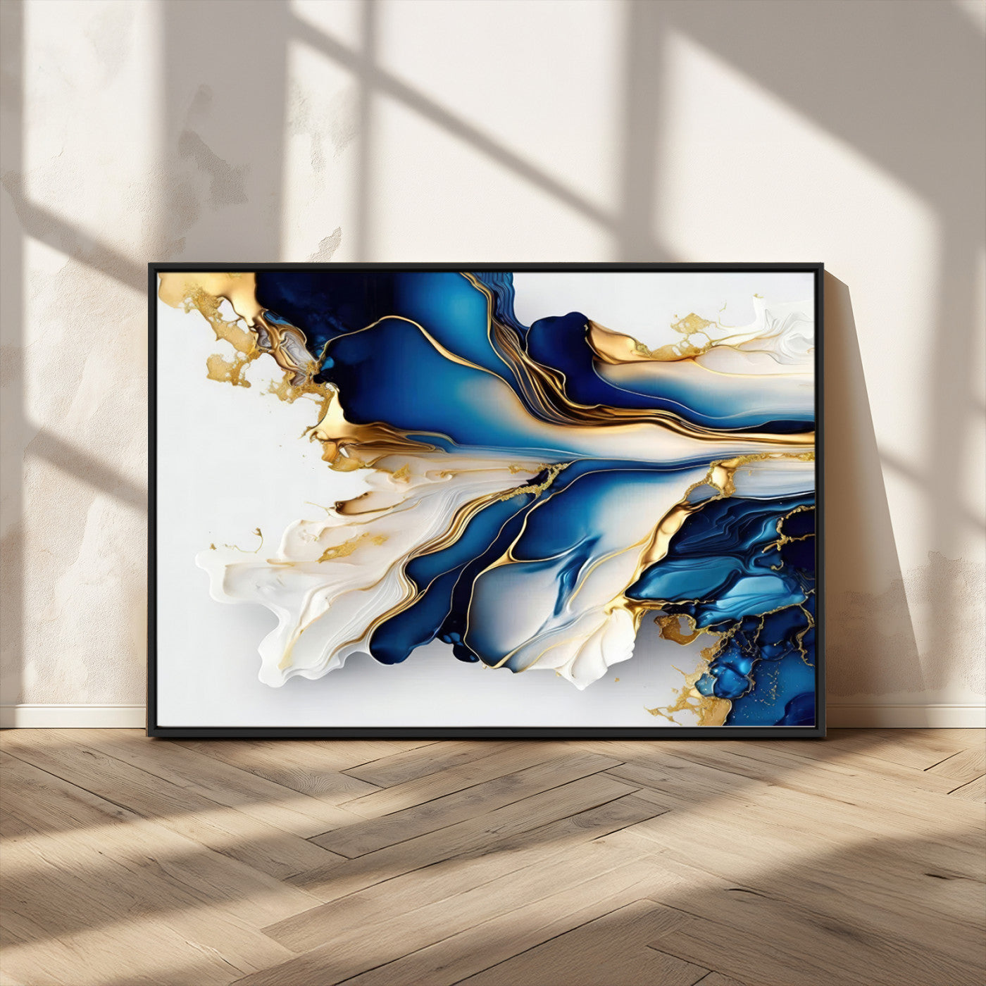 MGV-FC-36X24 - Gold Marble Art - Abstract Geode Gold And Blue Marble Shape 3 Pieces Wall Art Canvas Print