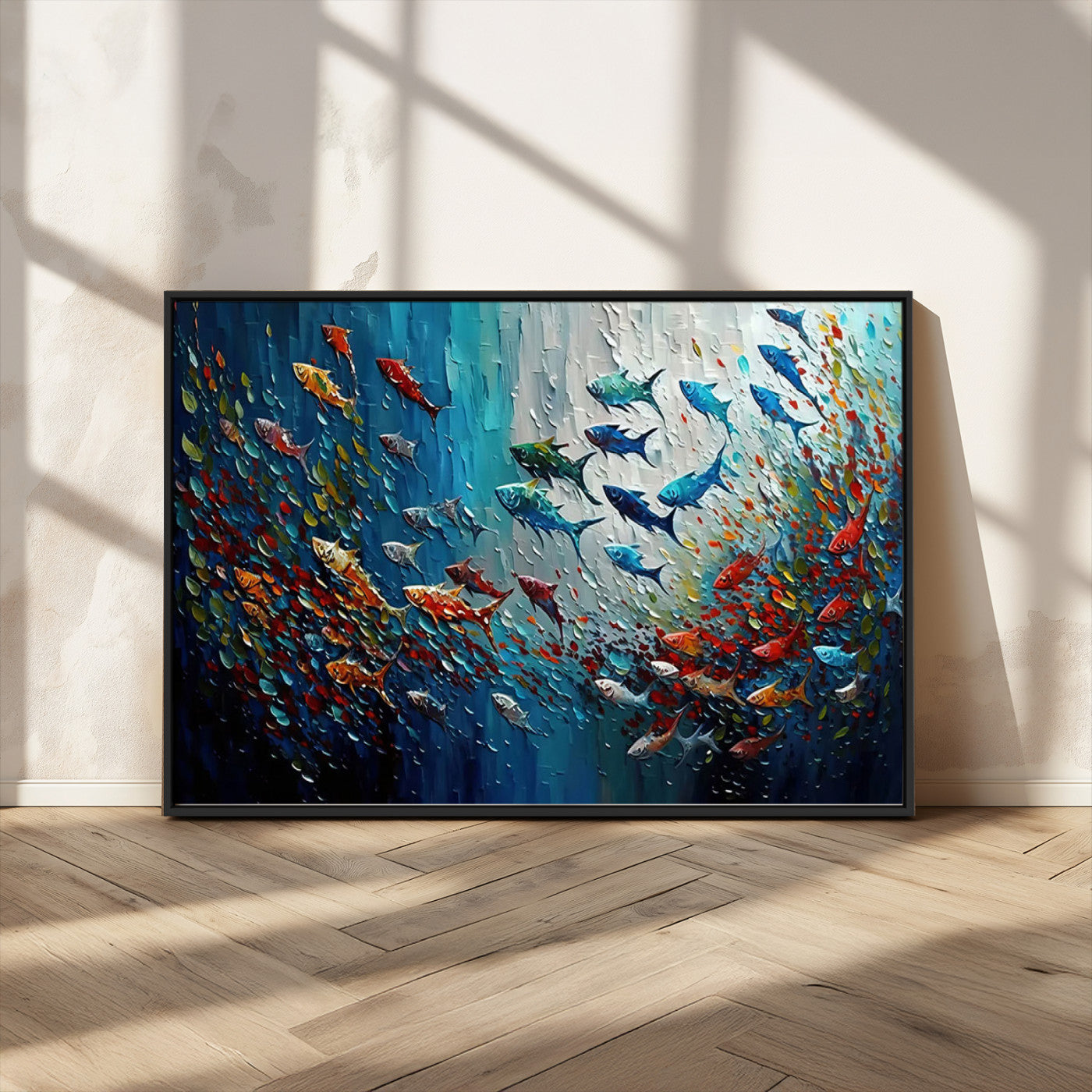 MGV-FC-36X24 - Modern Abstract Fish Shoal Wall Art Canvas Print, Colorful Fish Herd Painting on Canvas Print, Ocean