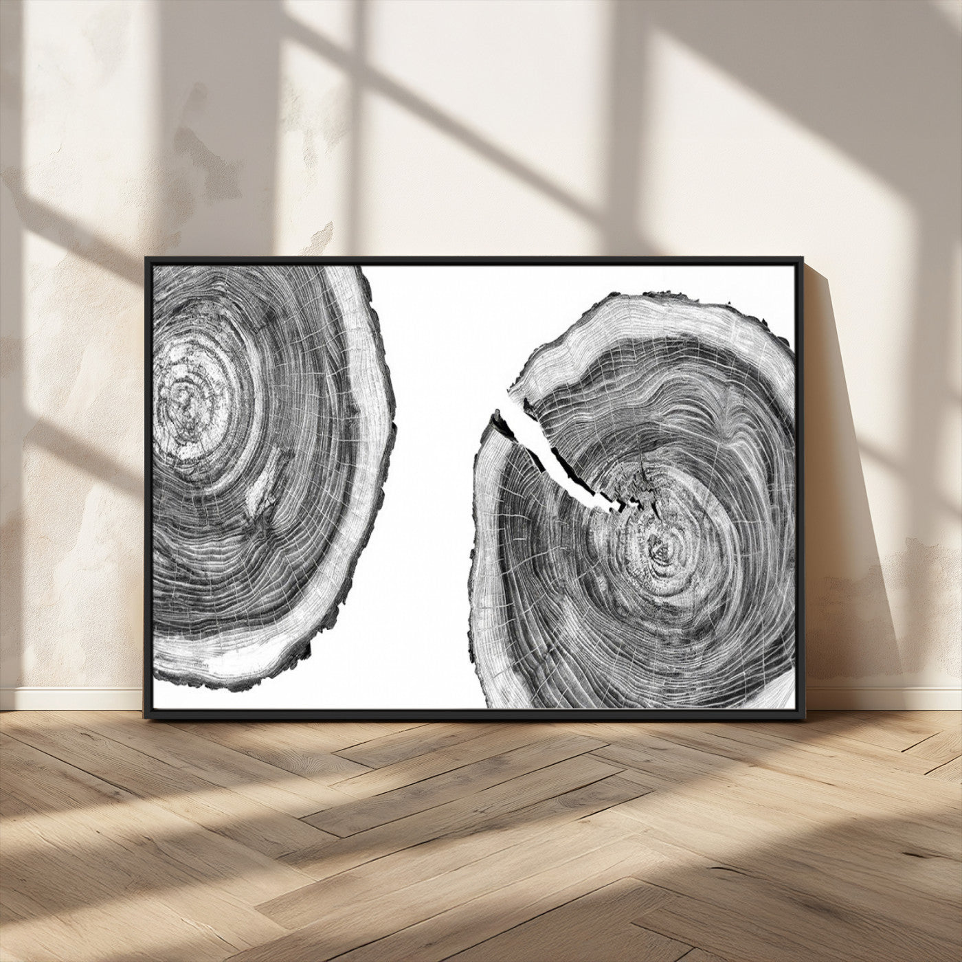 MGV-FC-36X24 - Modern Black and White Tree Rings Canvas Wall Art – Nature Inspired Wood Slice Print – Minimalist