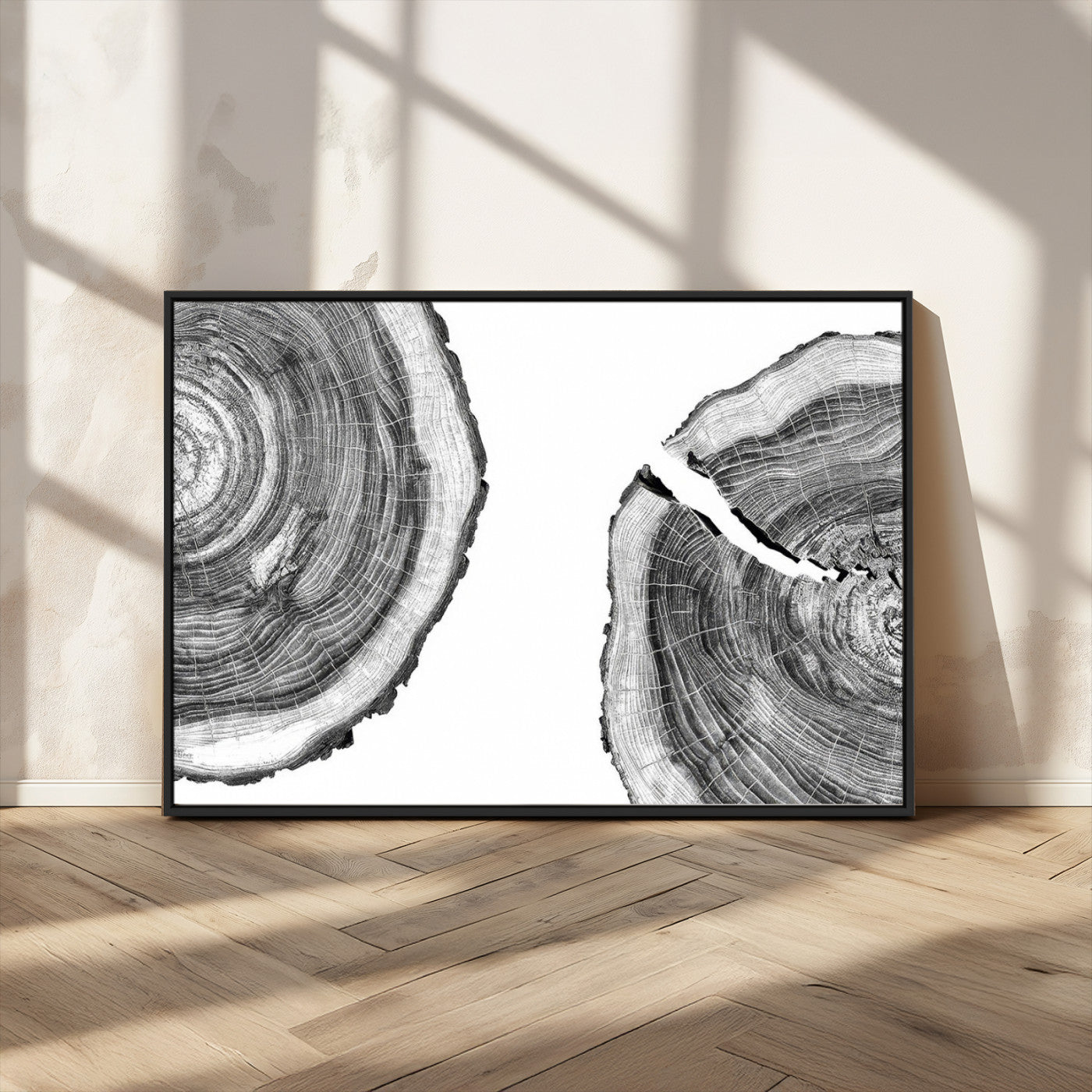 MGV-FC-36X24 - Abstract Large Tree Rings – Minimalist Black and White Wood Art | Triptych Canvas, Modern Wall Decor